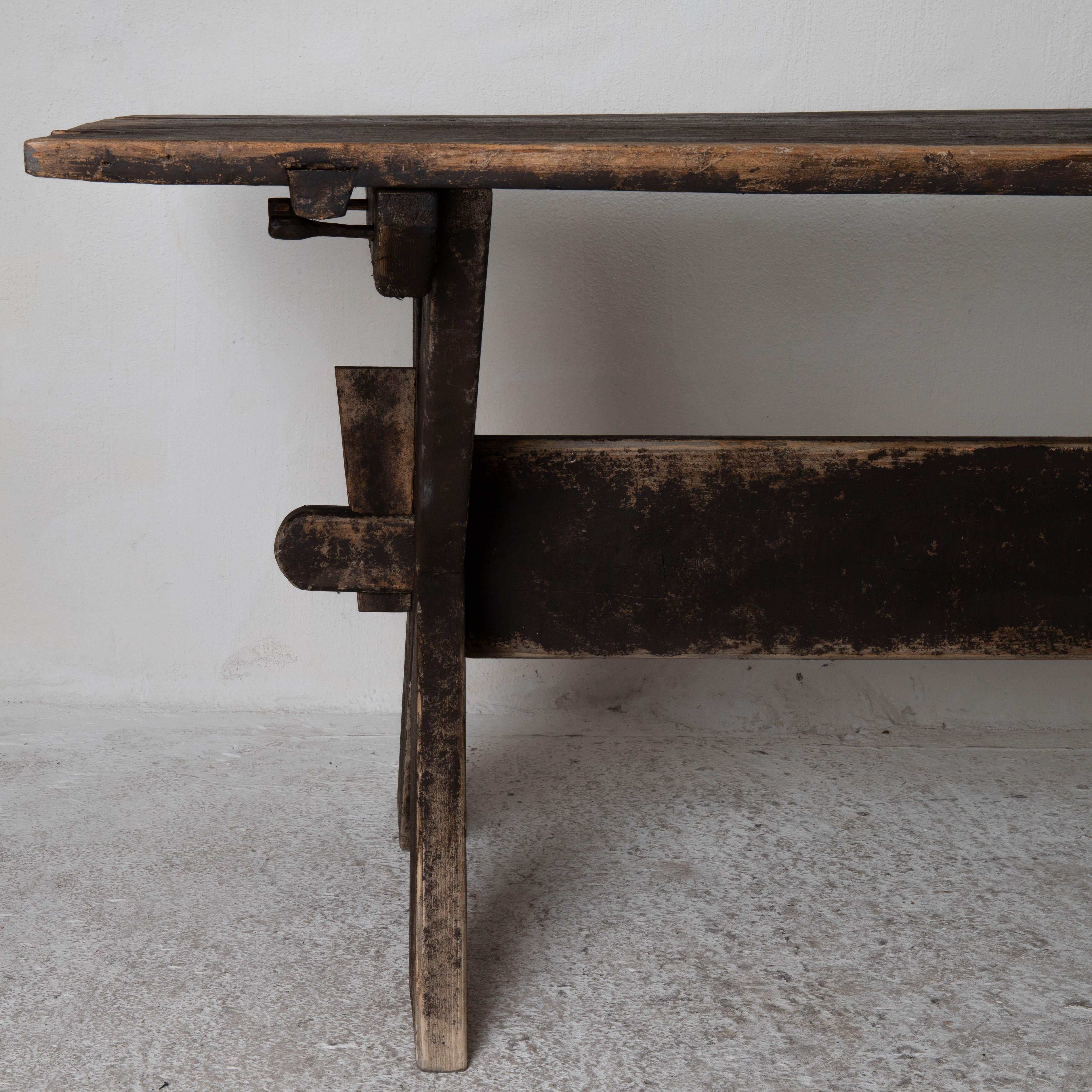 Hand-Painted Table Dining Trestle Table Swedish 19th Century Dark Brown Paint Sweden For Sale