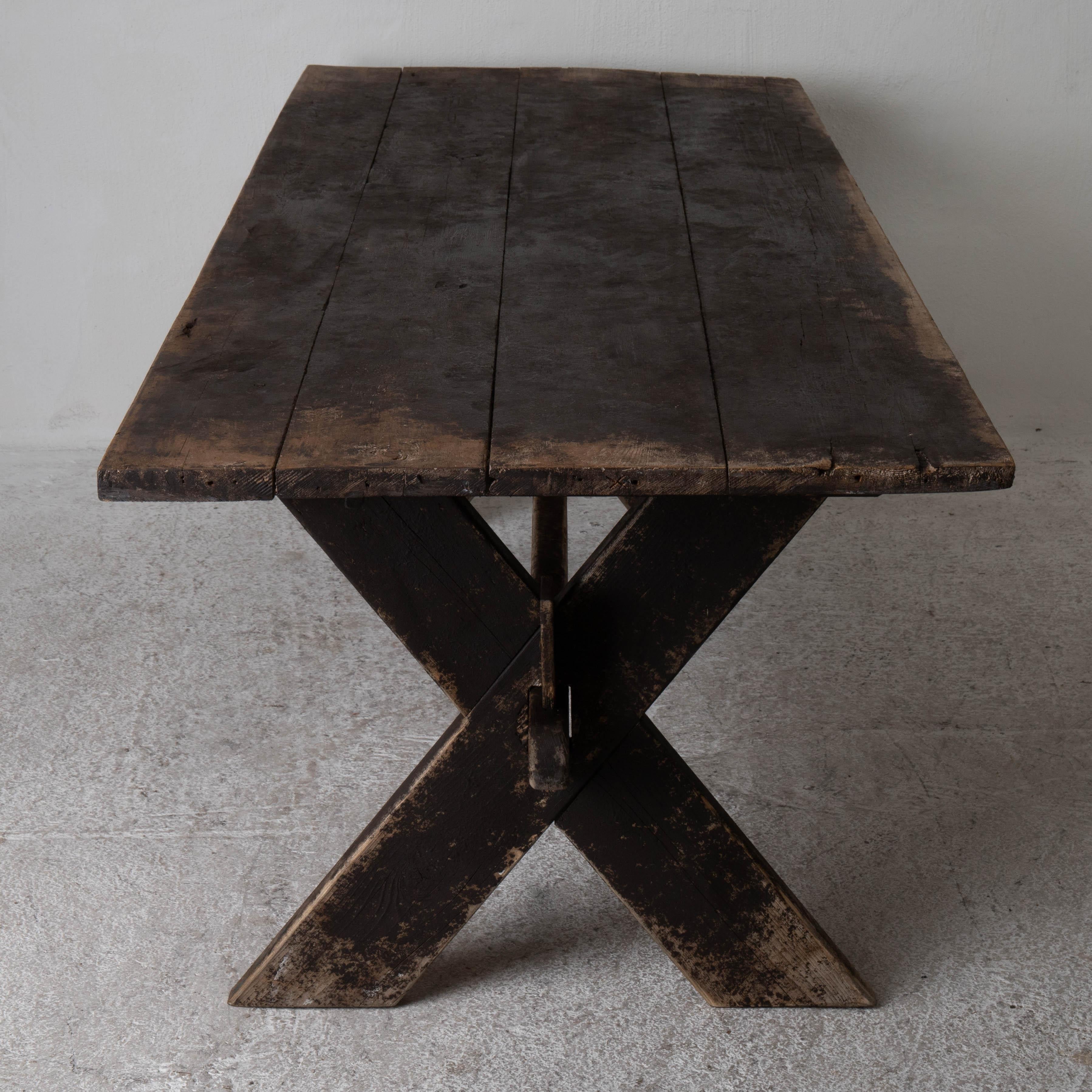 Wood Table Dining Trestle Table Swedish 19th Century Dark Brown Paint Sweden For Sale