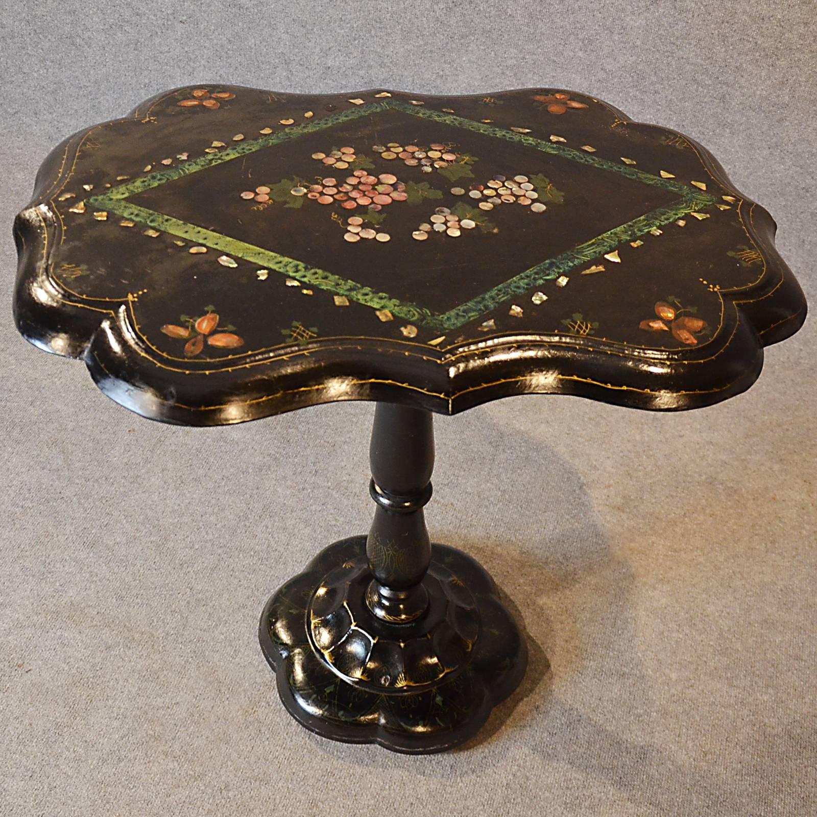 Mother-of-Pearl Table Ebonized Papier Mâché Mother of Pearl Side Lamp Wine Tilt, circa 1870