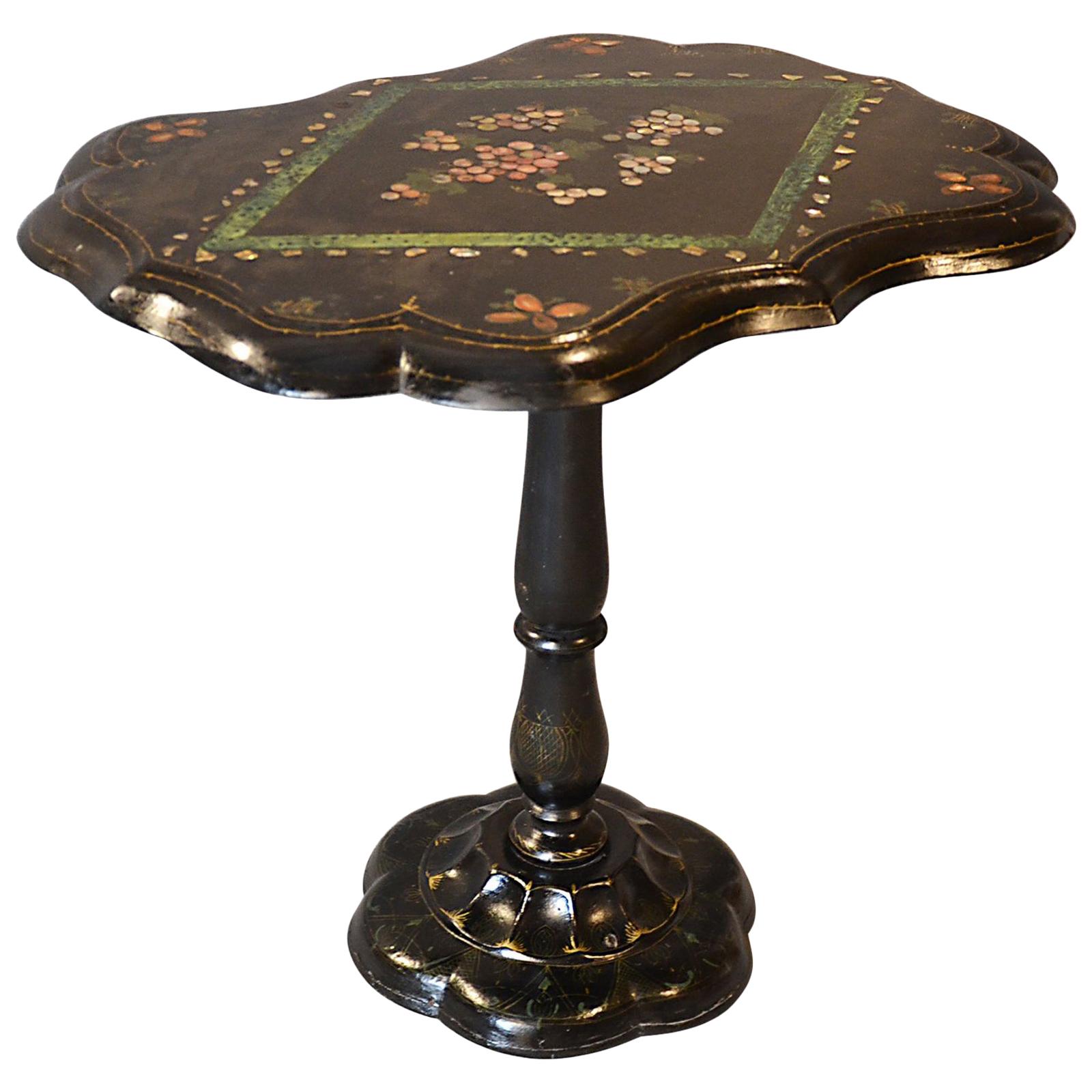Table Ebonized Papier Mâché Mother of Pearl Side Lamp Wine Tilt, circa 1870