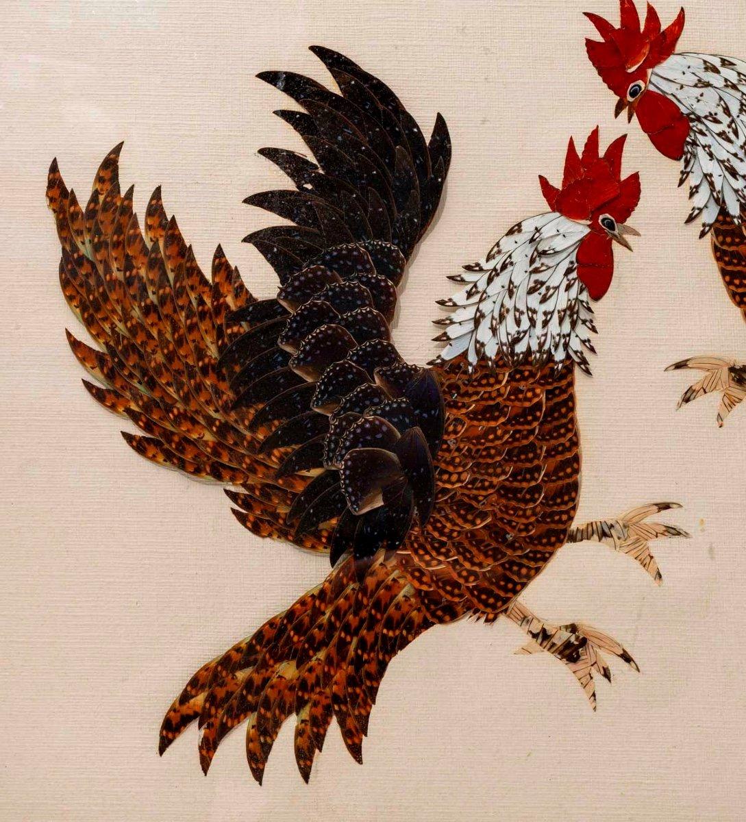 Other Table Feathers Glued On Canvas - Cockfight - Japan - Period: Early 20th Century For Sale