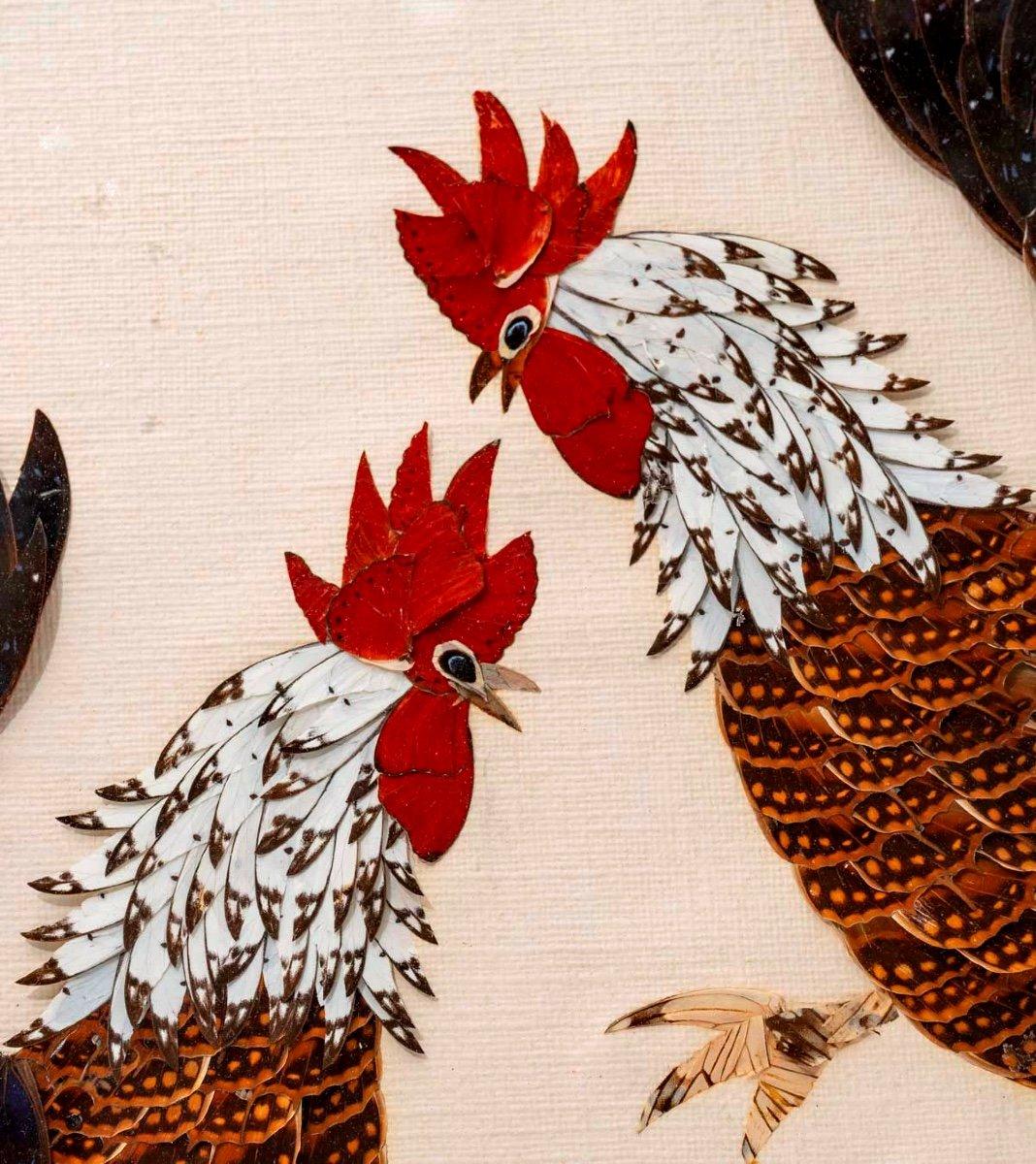 Table Feathers Glued On Canvas - Cockfight - Japan - Period: Early 20th Century For Sale 1