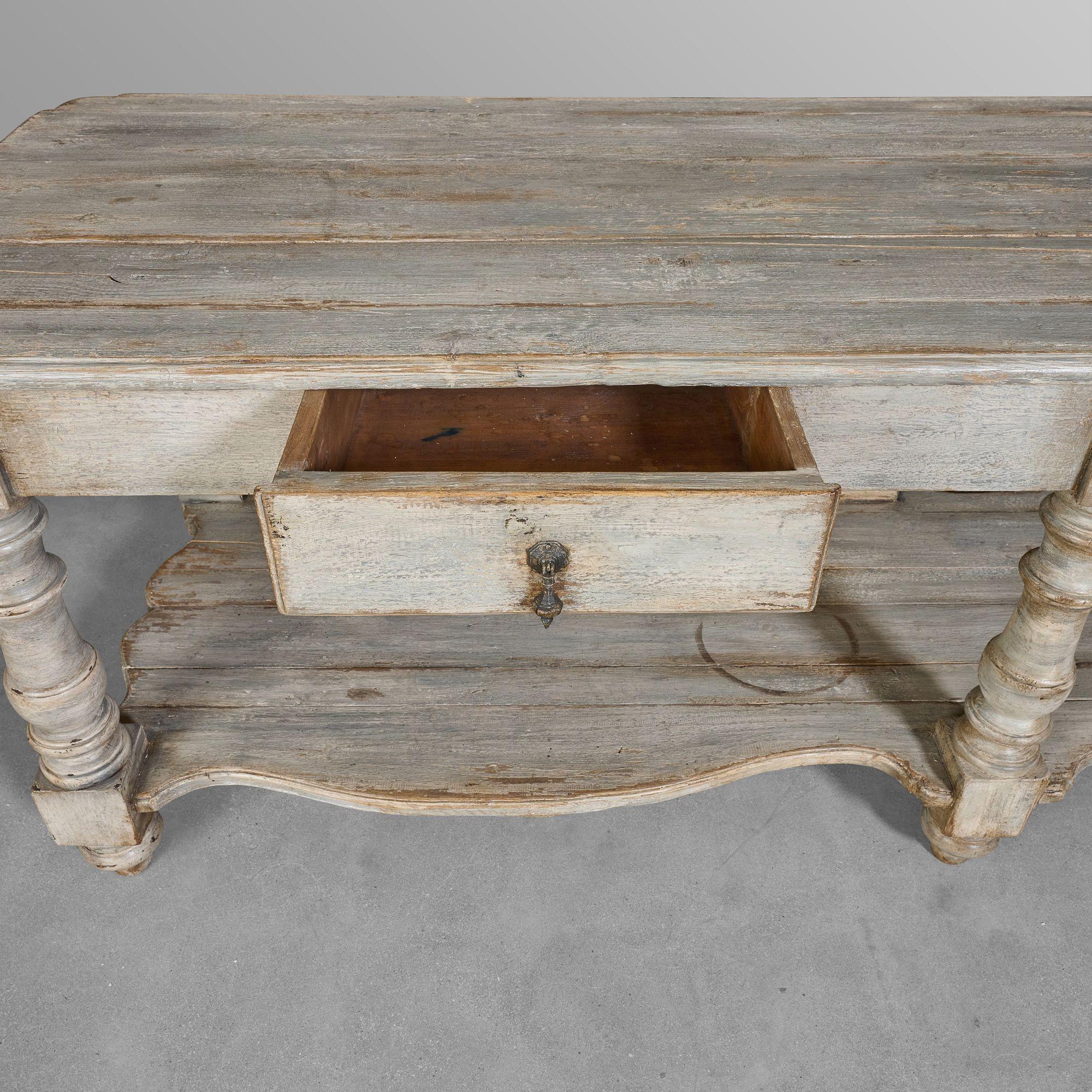 Fantastic six legged table with two tiers and great patina.