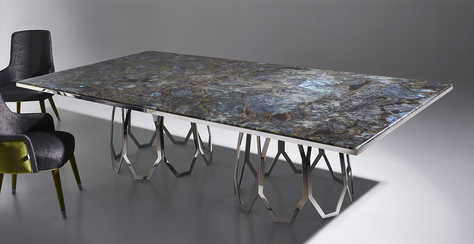 Italian Table Frame Polished Stainless Steel Top Available Mirror Marble & Liquid Metal For Sale
