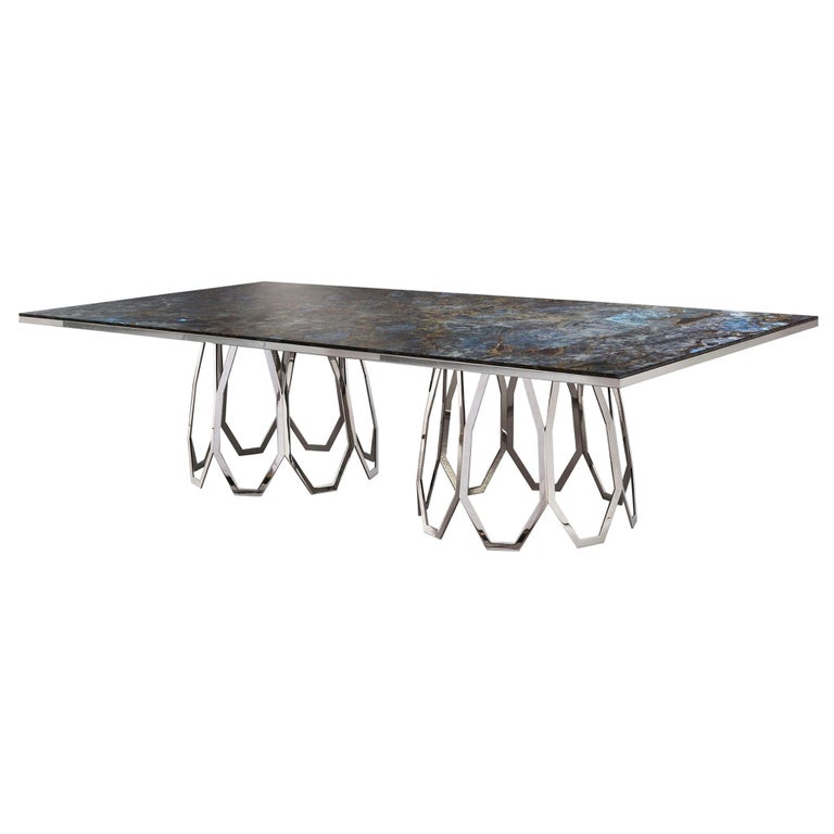 Table Frame Polished Stainless Steel Top Available Mirror Marble & Liquid Metal For Sale