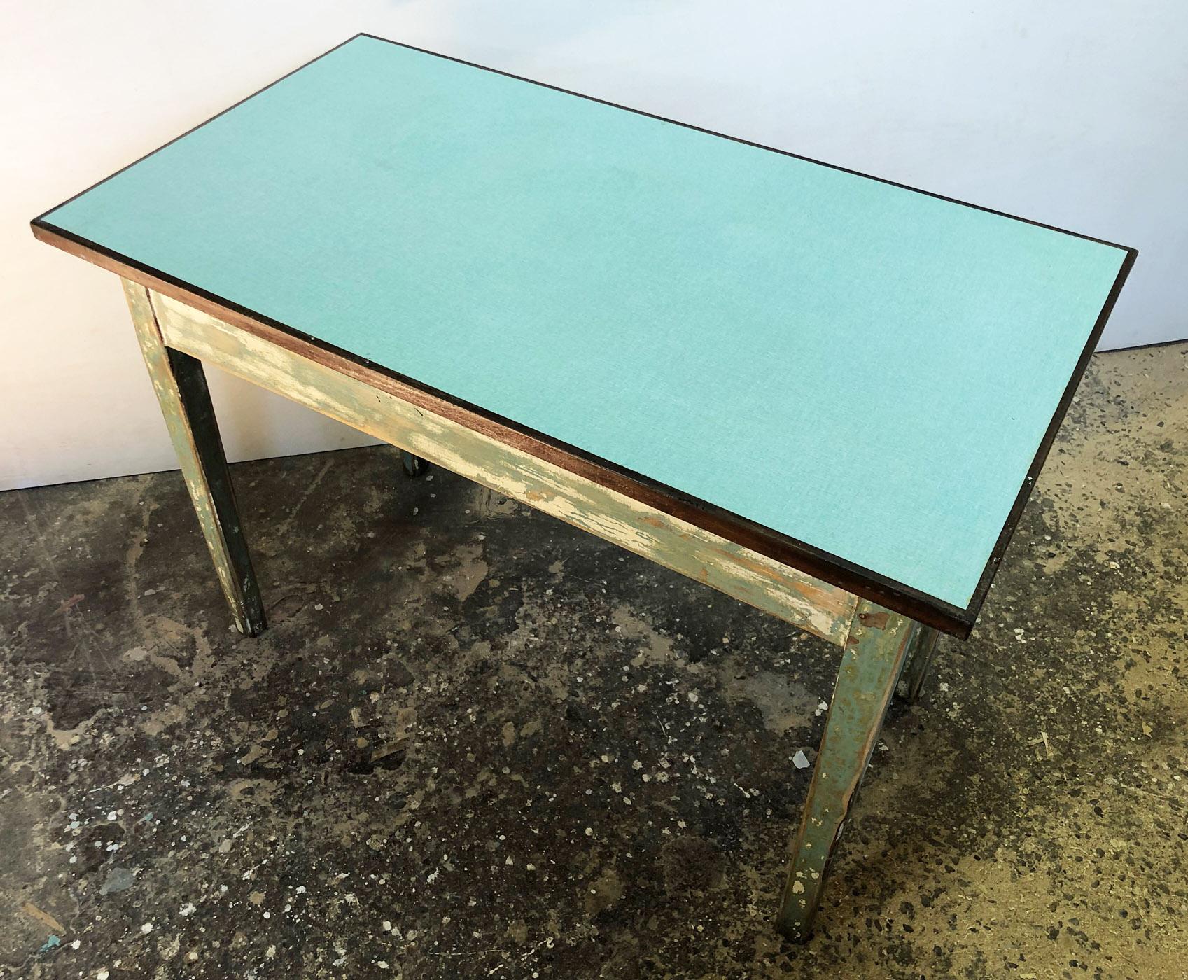 Table from 1950 original Tuscan green white shaded, with top in formica on fir, base in walnut and fir. 
Rare color, ideal as a desk or console table.
Base Shellac and wax finish.
Comes from an old country house in the Lucca area of Tuscany.
As