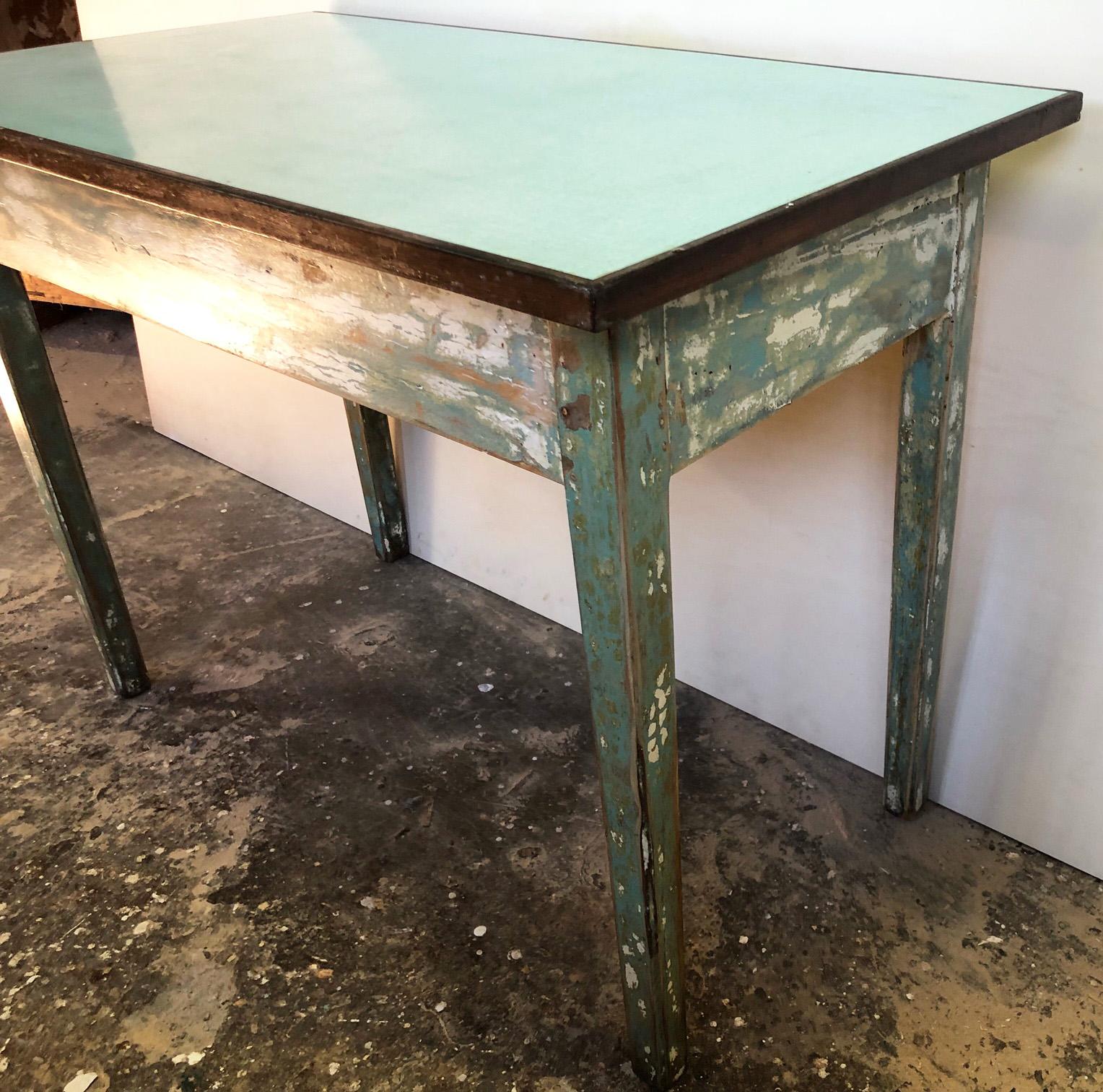 Mid-Century Modern Table from 1950 Original Tuscan Green White Shaded, with Top in Formica on Fir