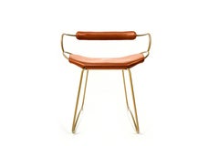 Table Bar Stool w. Backrest Aged Brass Metal & Natural Tan Leather
