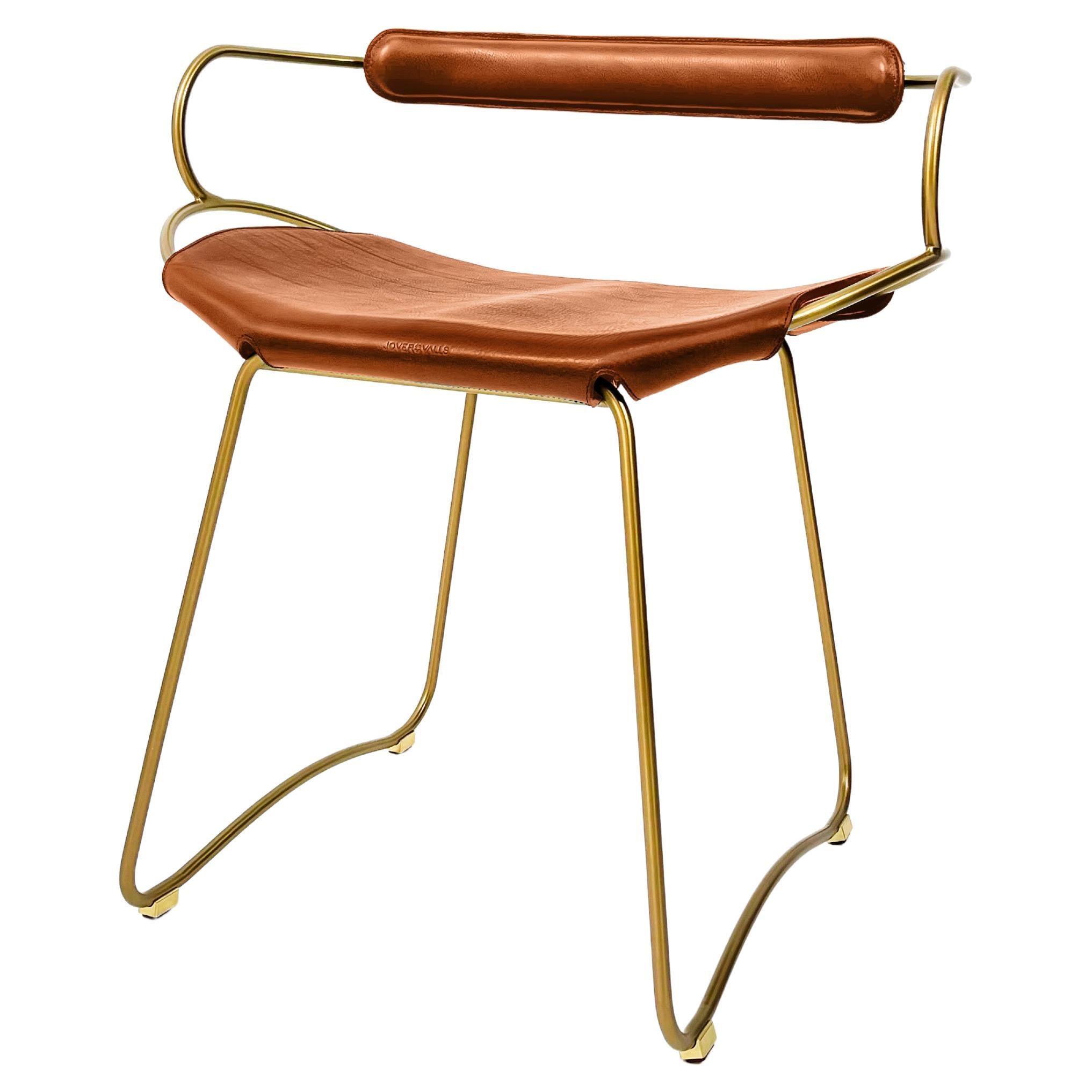 Table Bar Stool w. Backrest Aged Brass Metal & Natural Tan Leather