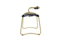 Contemporary Chair / Table Stool W Backrest Aged Brass Metal & Navy Blue Leather