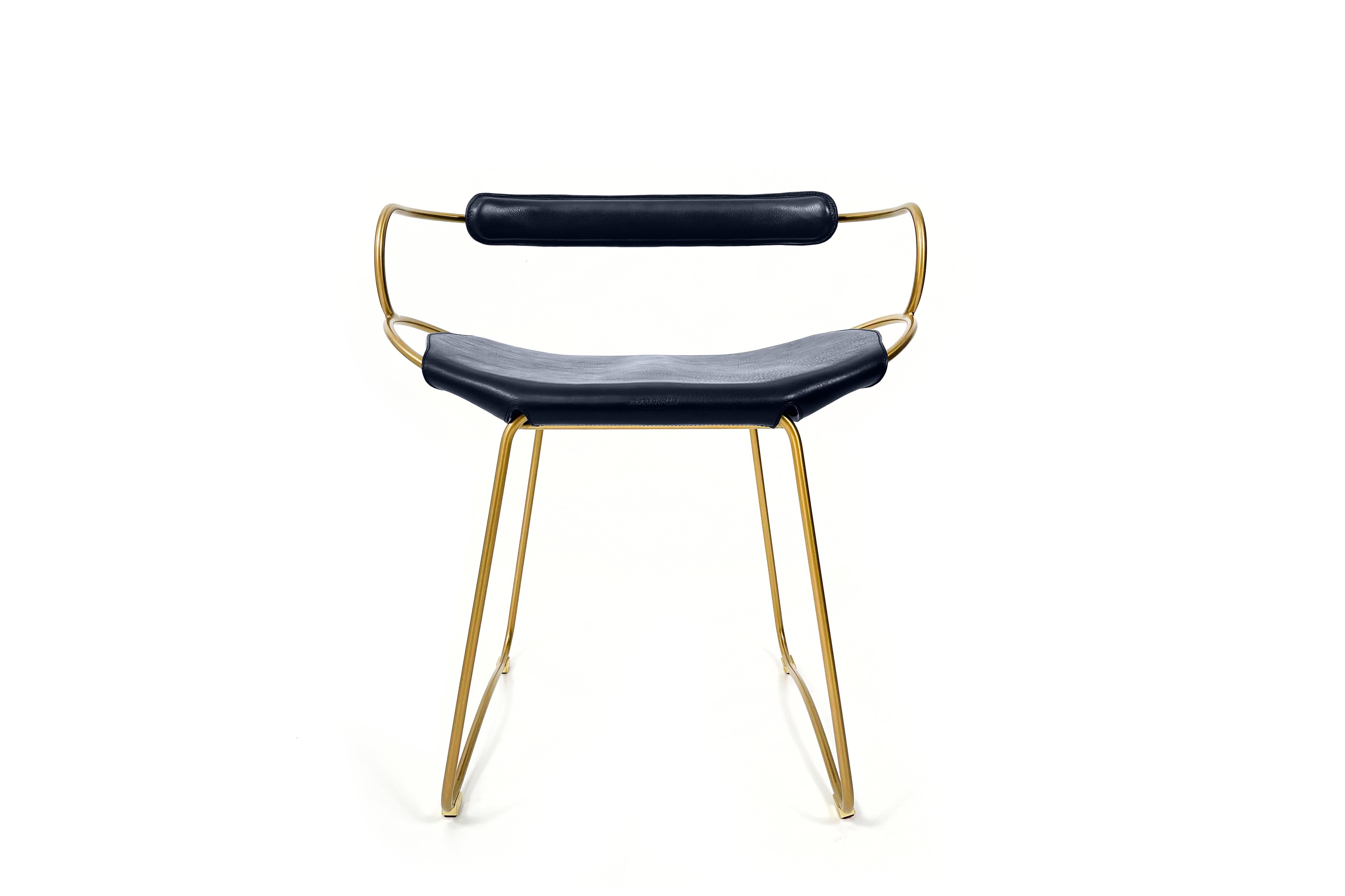 Modern Contemporary Chair / Table Stool W Backrest Aged Brass Metal & Navy Blue Leather For Sale