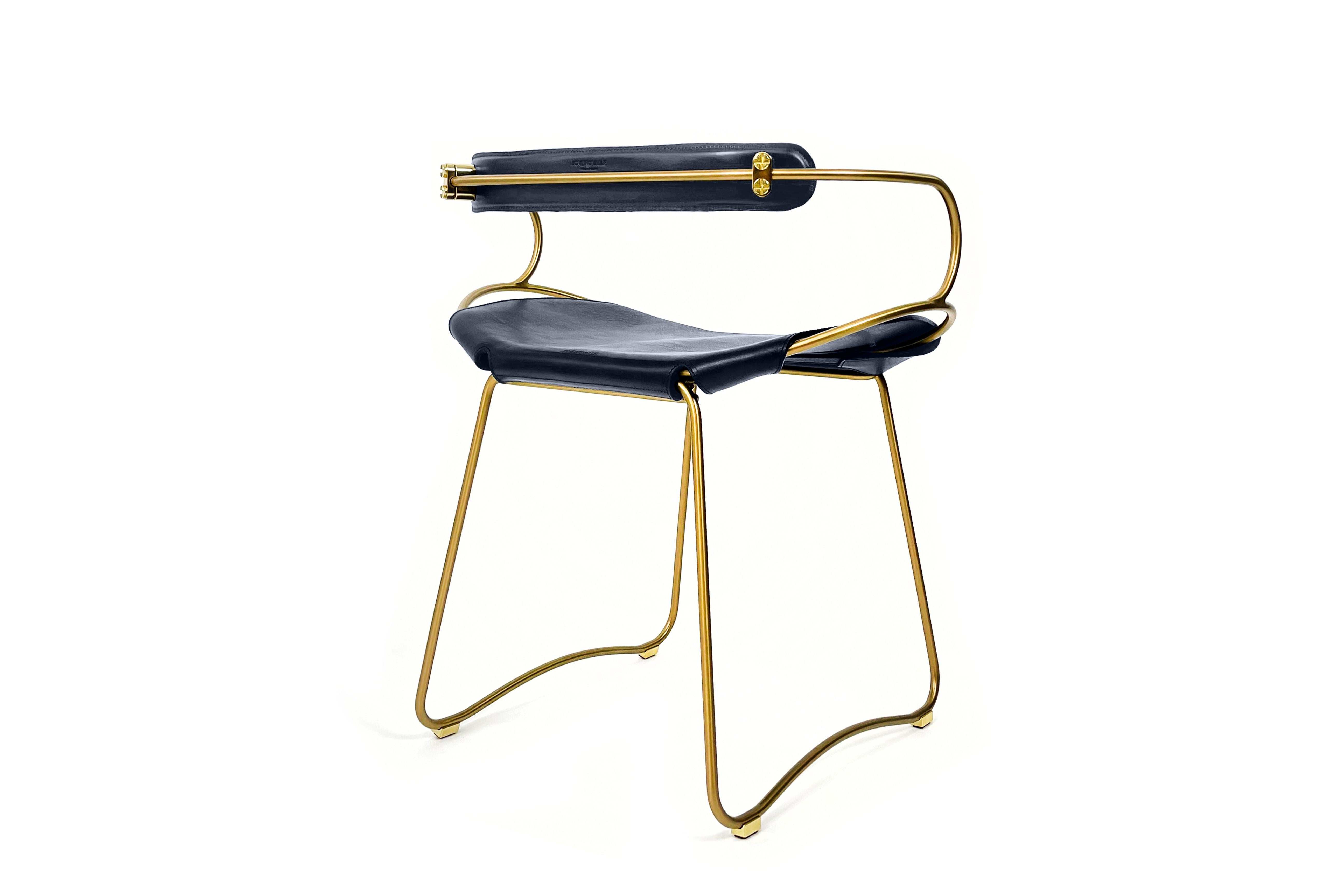 Spanish Contemporary Chair / Table Stool W Backrest Aged Brass Metal & Navy Blue Leather For Sale