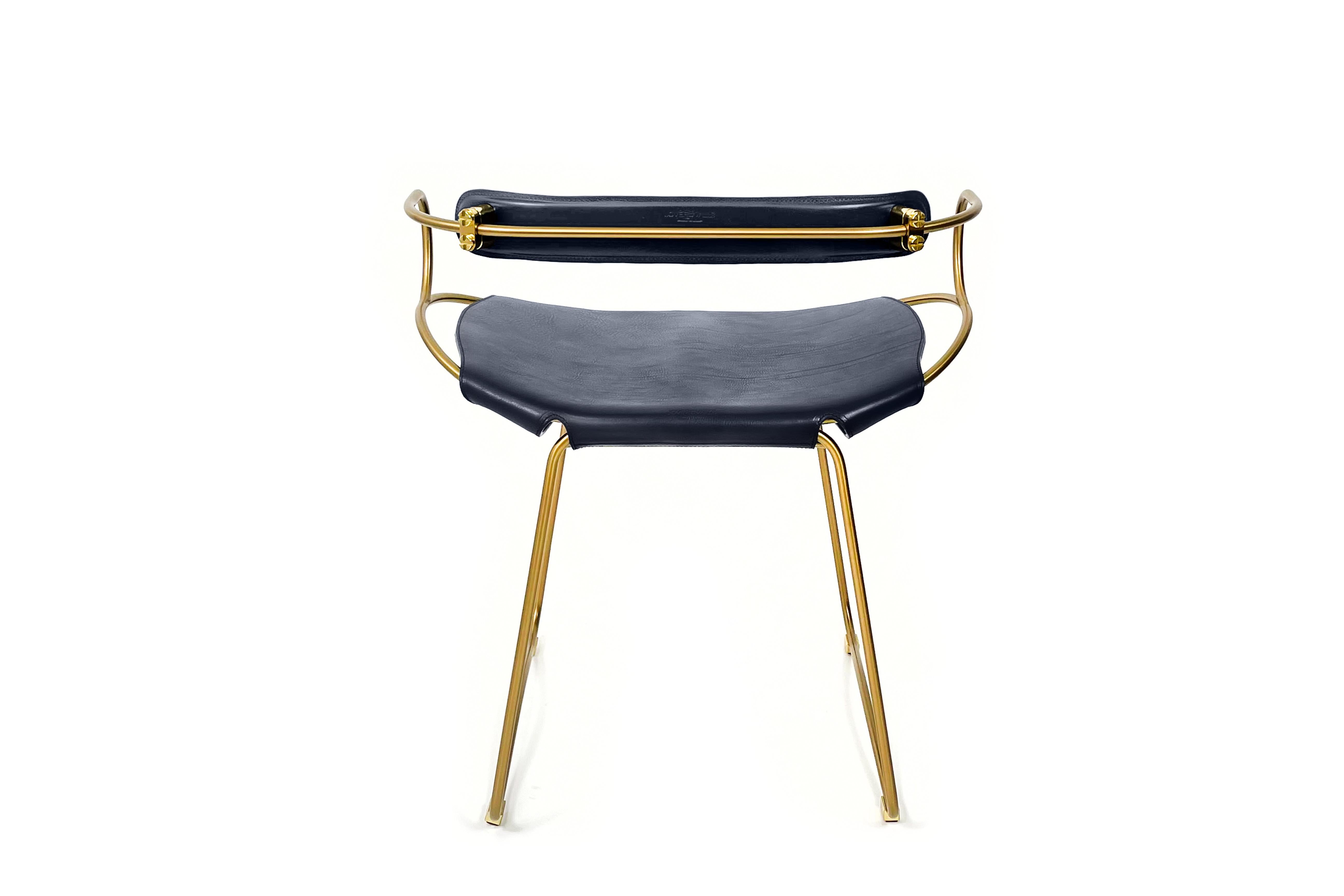 Polished Contemporary Chair / Table Stool W Backrest Aged Brass Metal & Navy Blue Leather For Sale