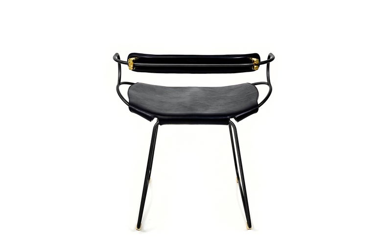Table Height Sculptural Chair Stool w Backrest Black Smoke Metal and Black Leather For Sale at