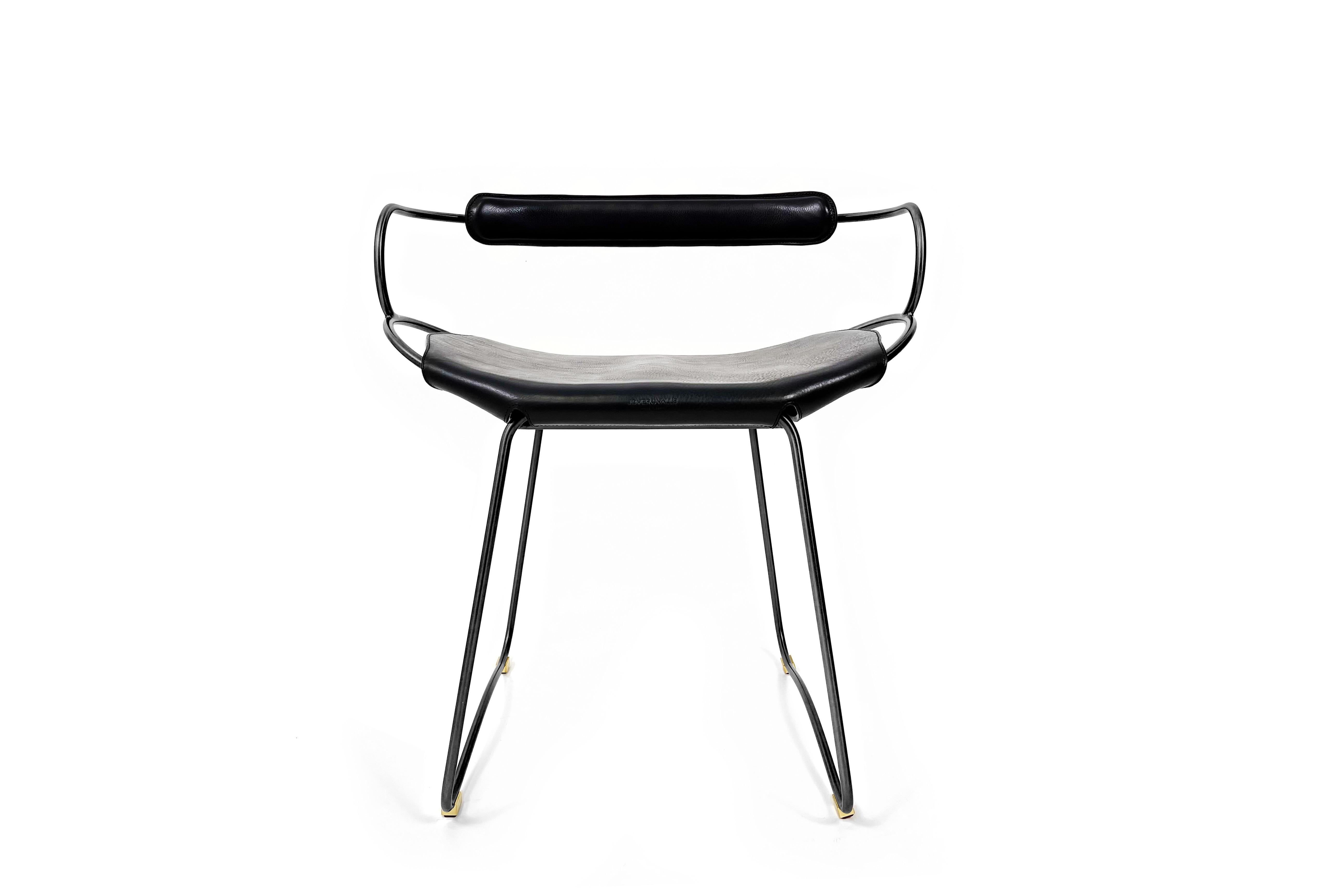 Scandinavian Modern Table Height Sculptural Chair Stool w Backrest Black Smoke Metal & Black Leather For Sale