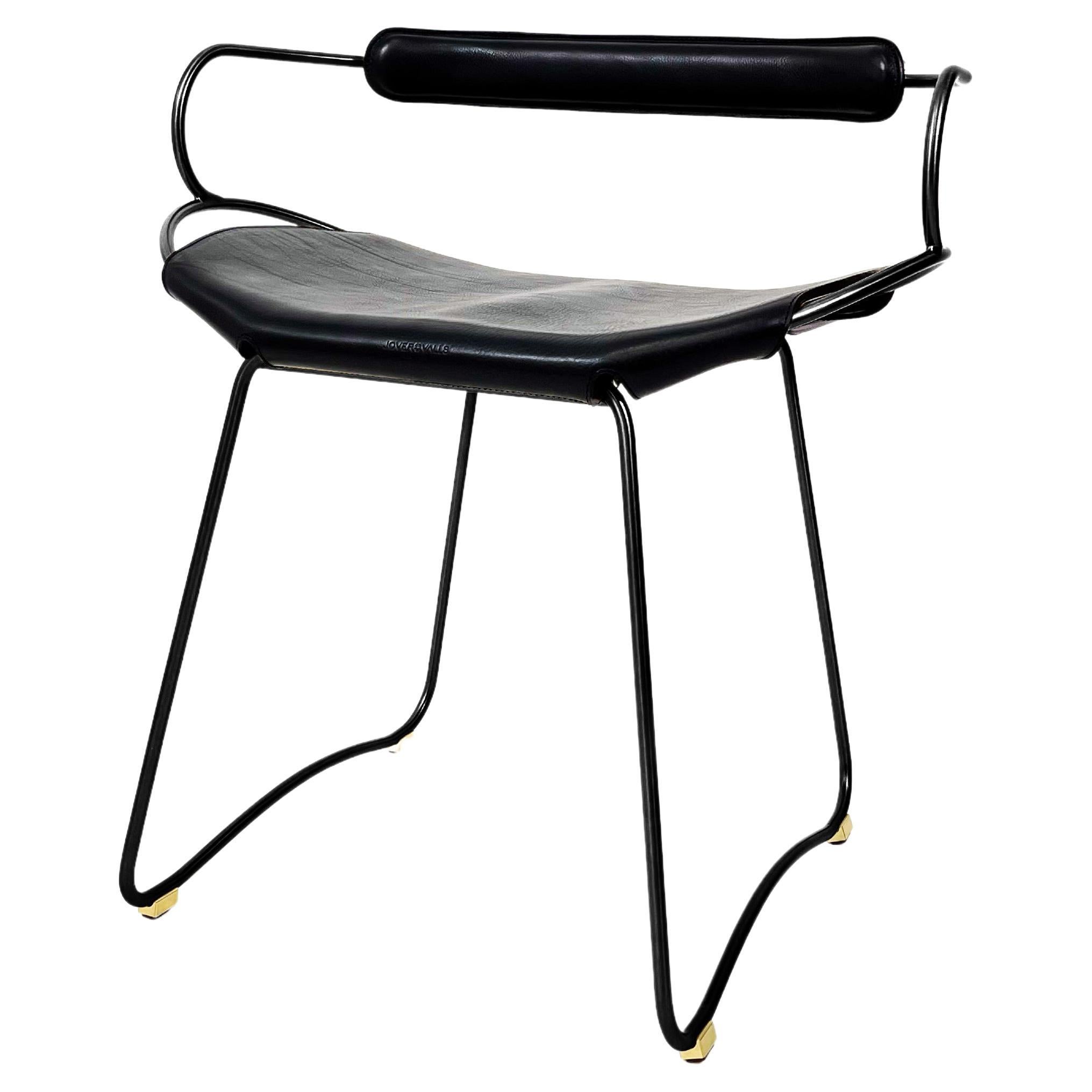 Table Height Sculptural Chair Stool w Backrest Black Smoke Metal & Black Leather For Sale