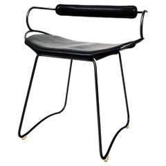 Table Height Sculptural Chair Stool w Backrest Black Smoke Metal & Black Leather