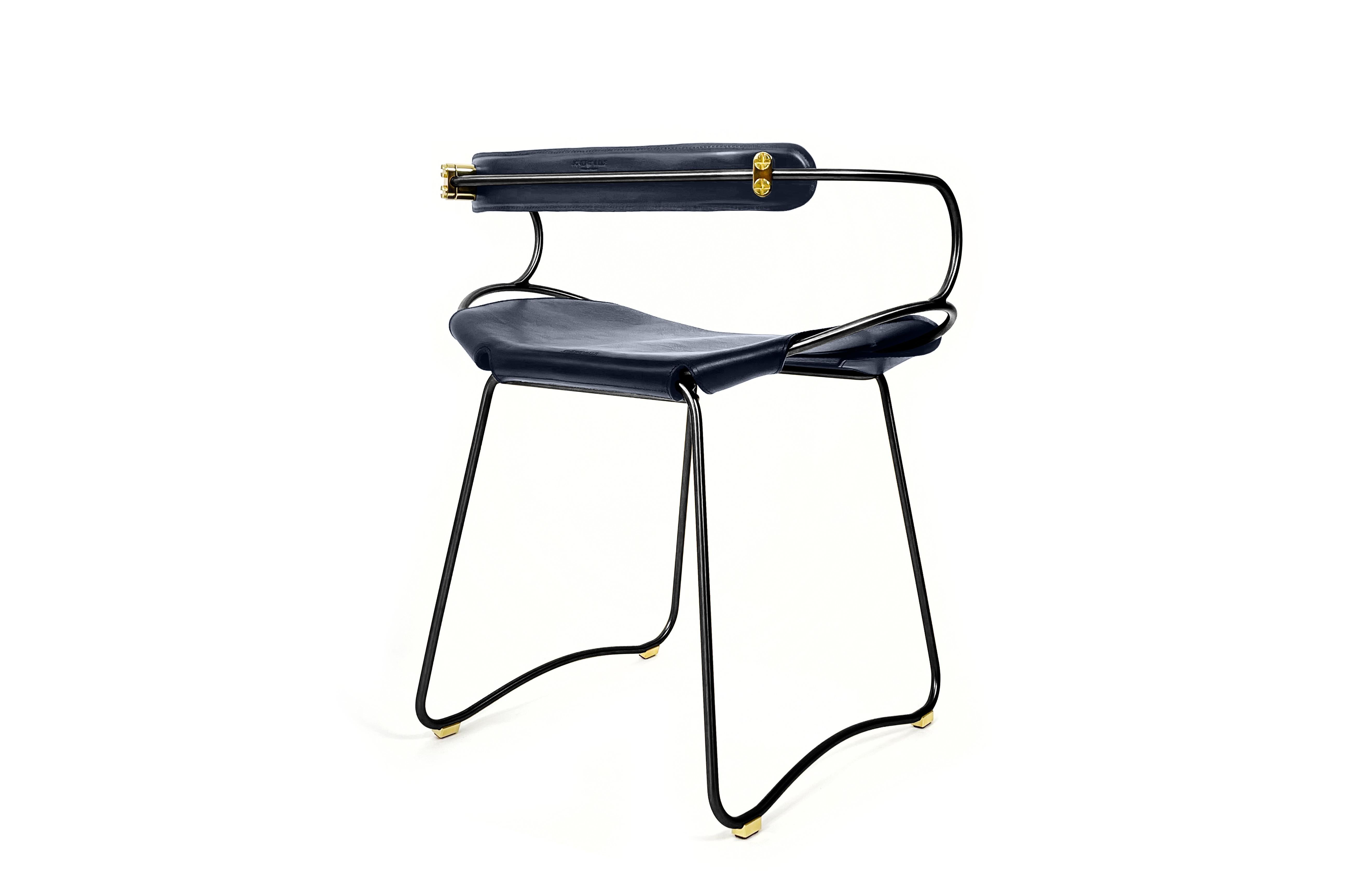 Modern Chair / Table Height Stool W. Backrest Black Smoke Steel & Blue Navy Leather For Sale