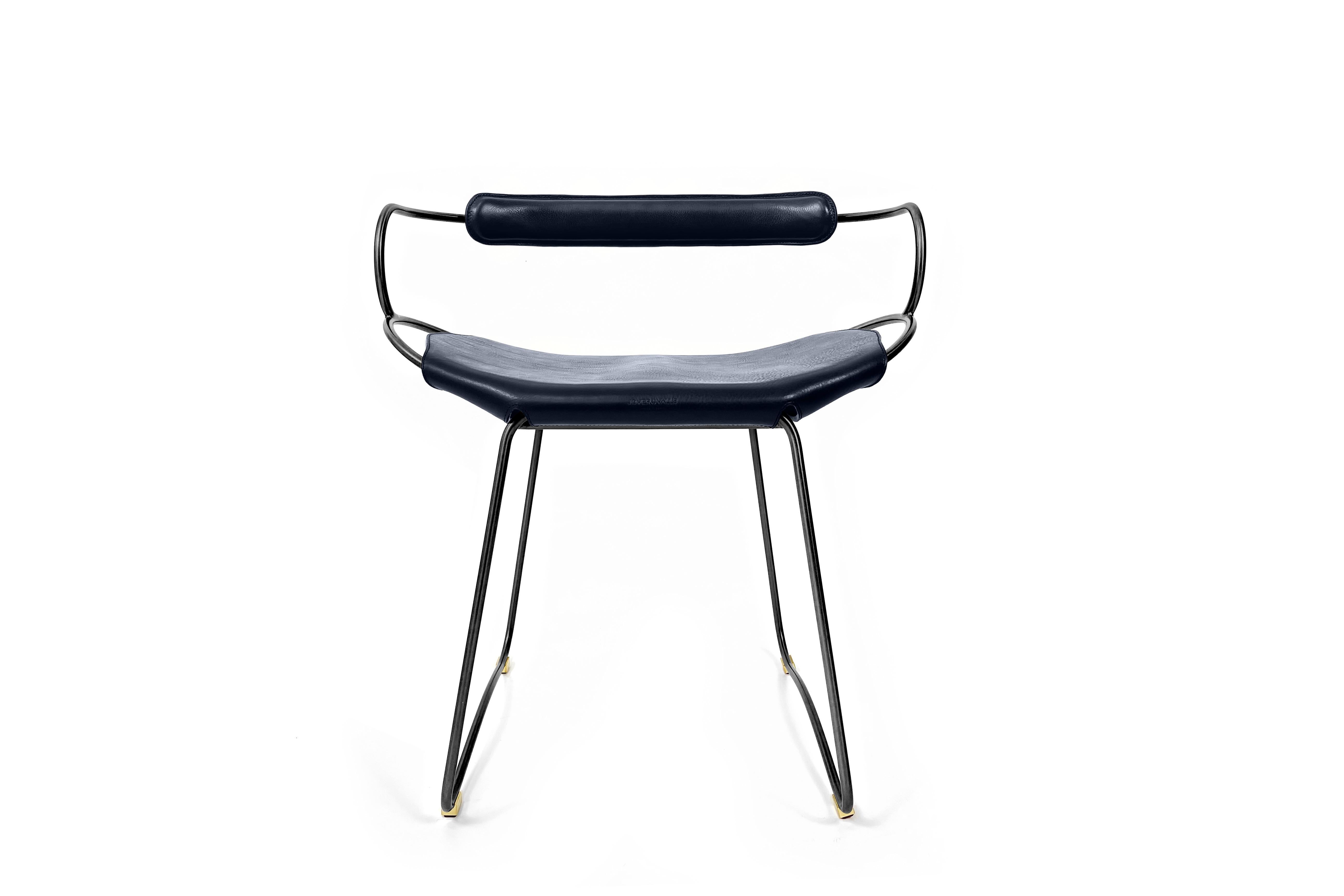 Vegetable Dyed Chair / Table Height Stool W. Backrest Black Smoke Steel & Blue Navy Leather For Sale