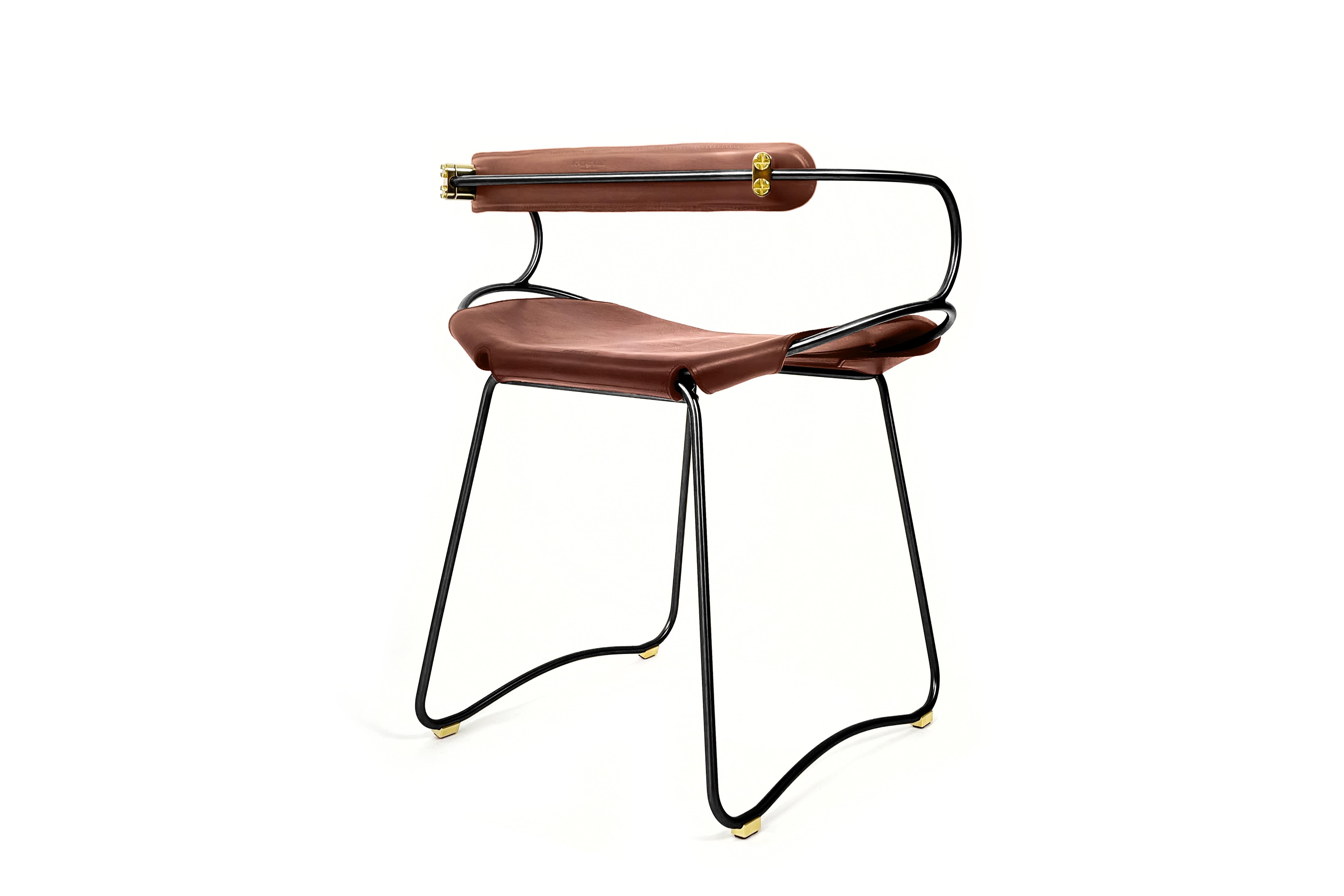 Polished Contemporary Table Bar Stool w Backrest Black Smoke Metal & Dark Brown Leather For Sale