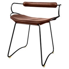 Contemporary Chair Table Stool w Backrest Black Smoke Steel & Dark Brown Leather
