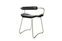 Sculptural Table Height Stool w. Backrest Old Silver Metal & Black Leather
