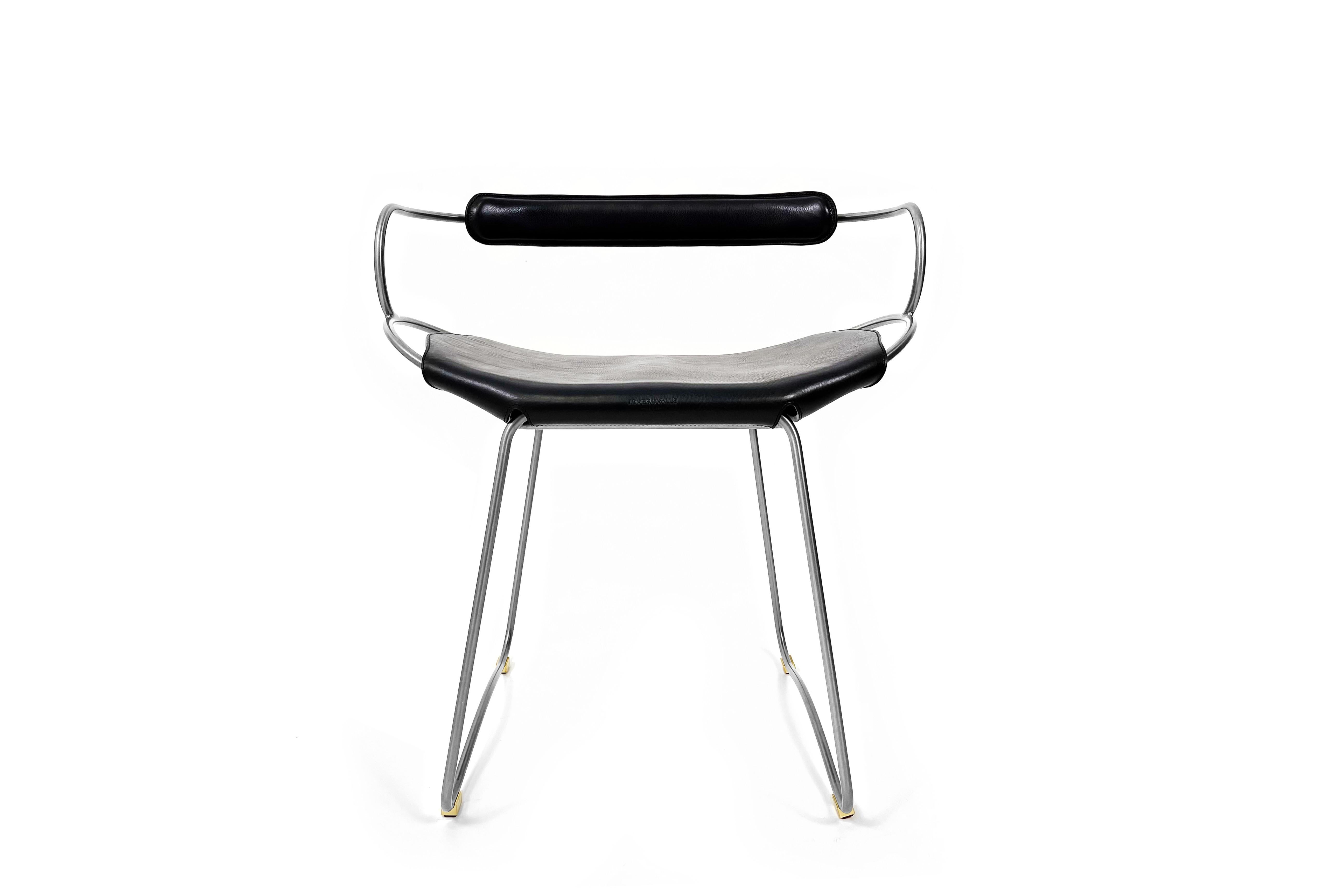 Modern Sculptural Table Height Stool w. Backrest Old Silver Metal & Black Leather  For Sale
