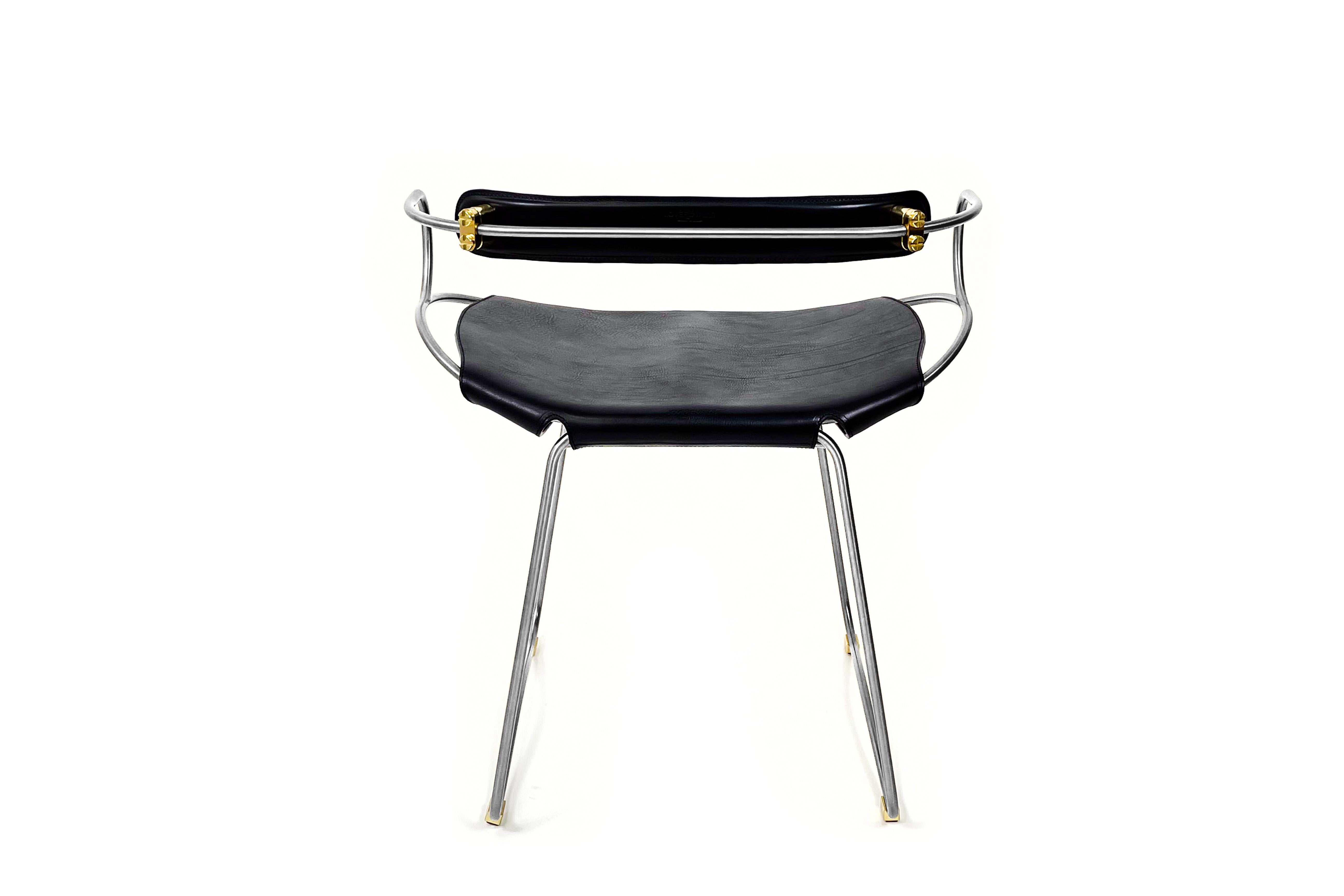 Polished Sculptural Table Height Stool w. Backrest Old Silver Metal & Black Leather  For Sale