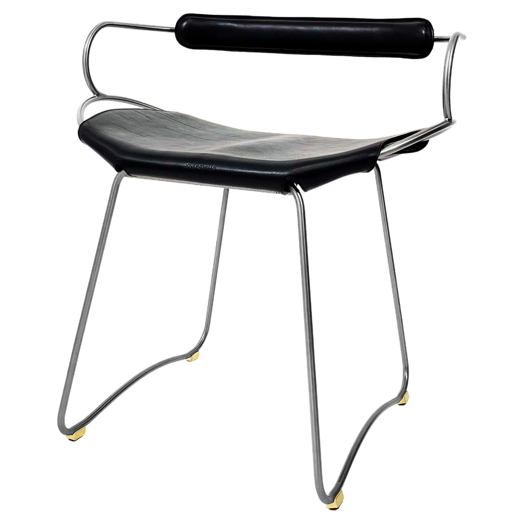 Sculptural Table Height Stool w. Backrest Old Silver Metal & Black Leather  For Sale