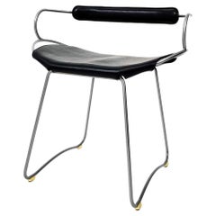 Sculptural Table Height Stool w. Backrest Old Silver Metal & Black Leather 