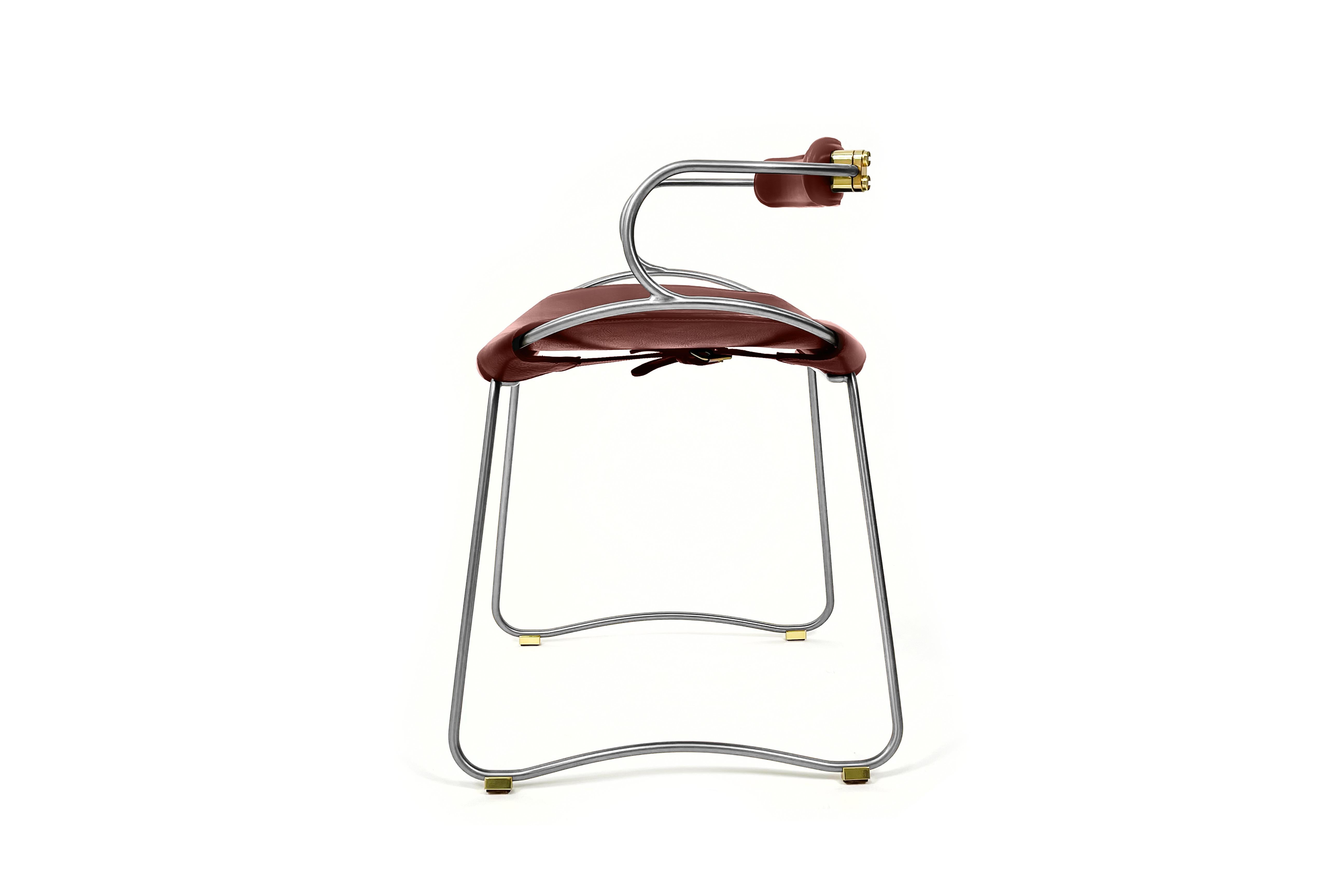 Polished Table Bar Stool w. Backrest Old Silver Metal & Cognac Leather Organic Design For Sale