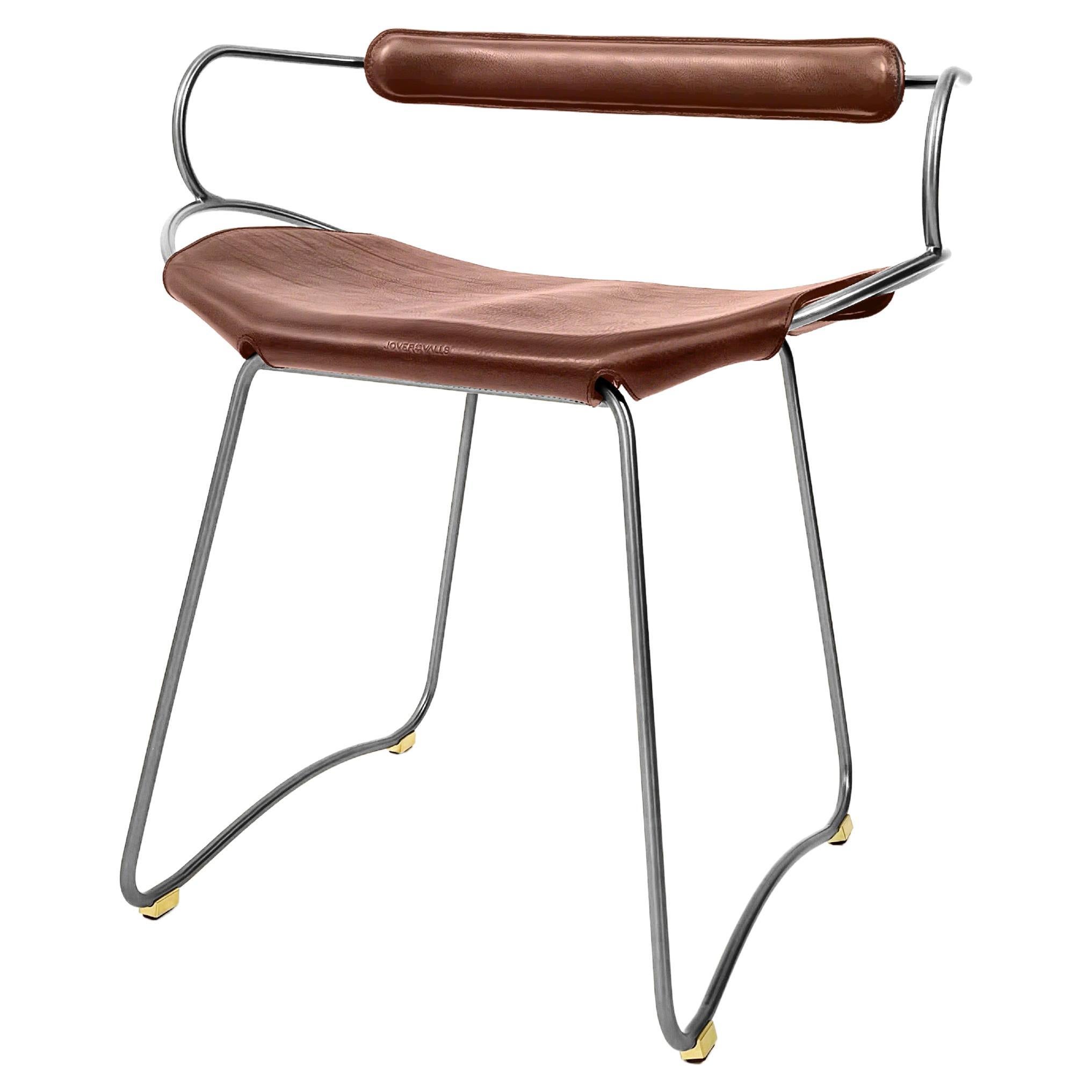Table Bar Stool w. Backrest Old Silver Metal & Cognac Leather Organic Design For Sale