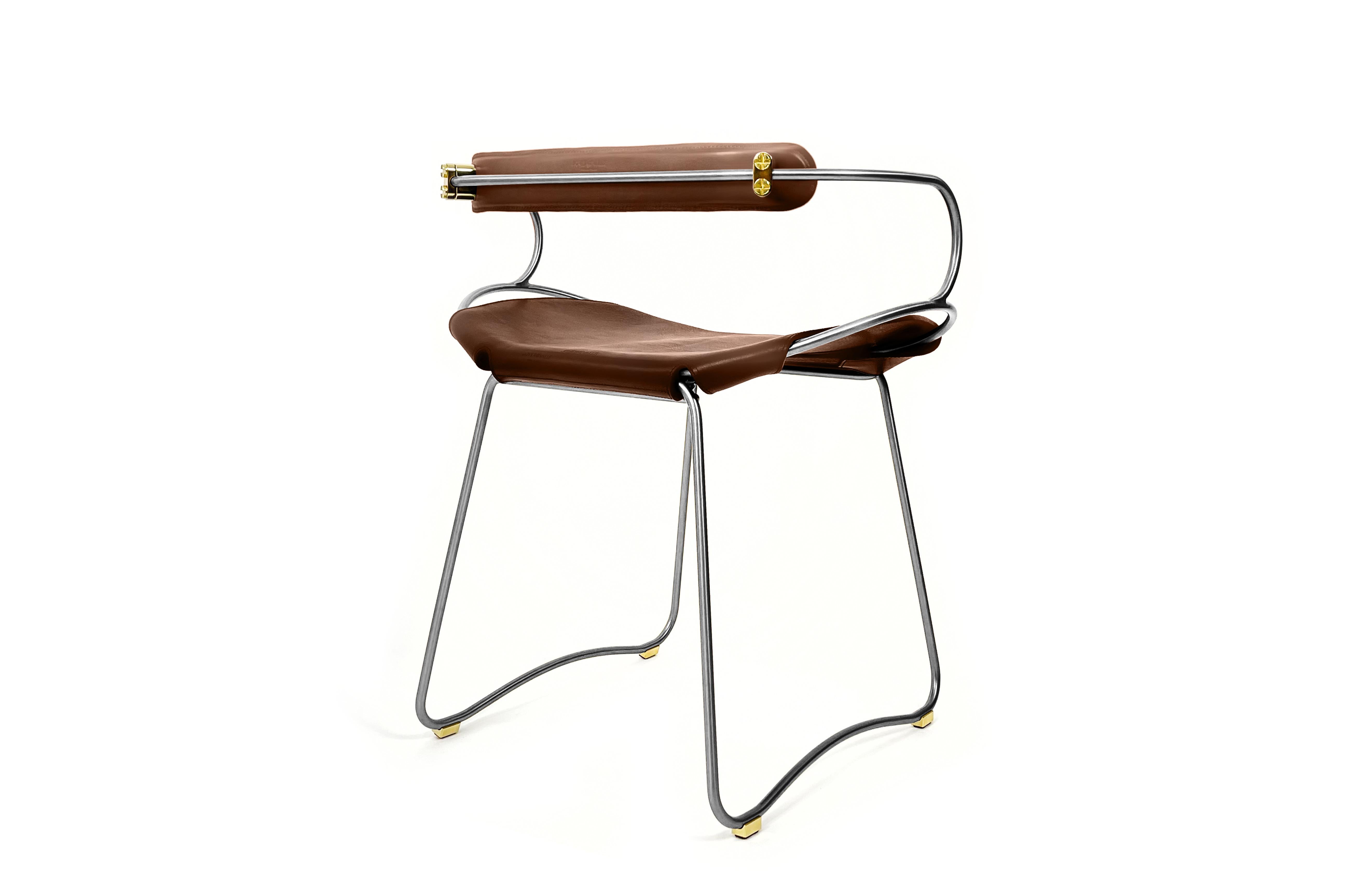 Modern Table Height Stool W. Backrest Old Silver Metal & Dark Brown Leather Organic For Sale