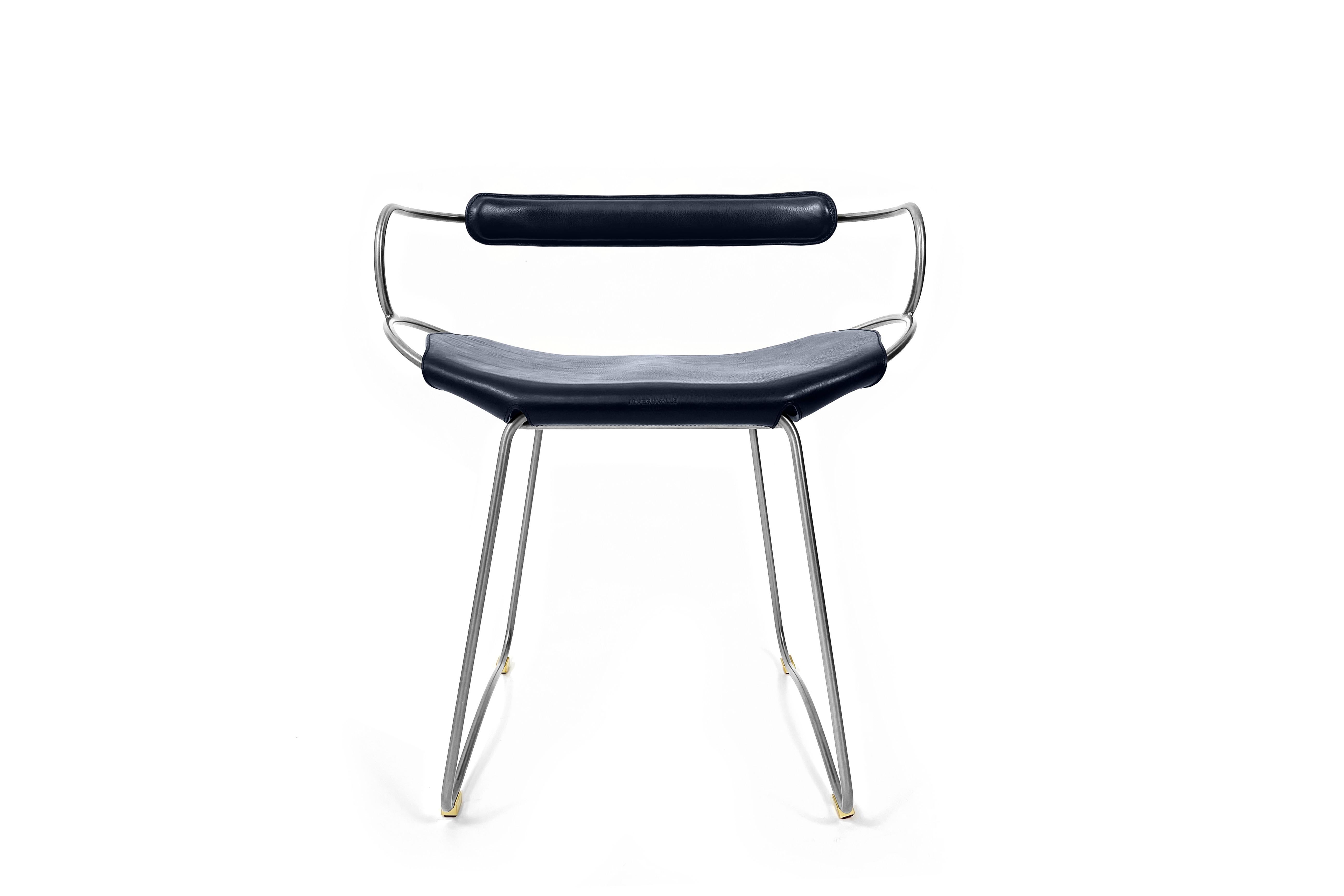 Spanish Chair / Table Height Stool w. Backrest Old Silver Steel & Navy Blue Leather For Sale