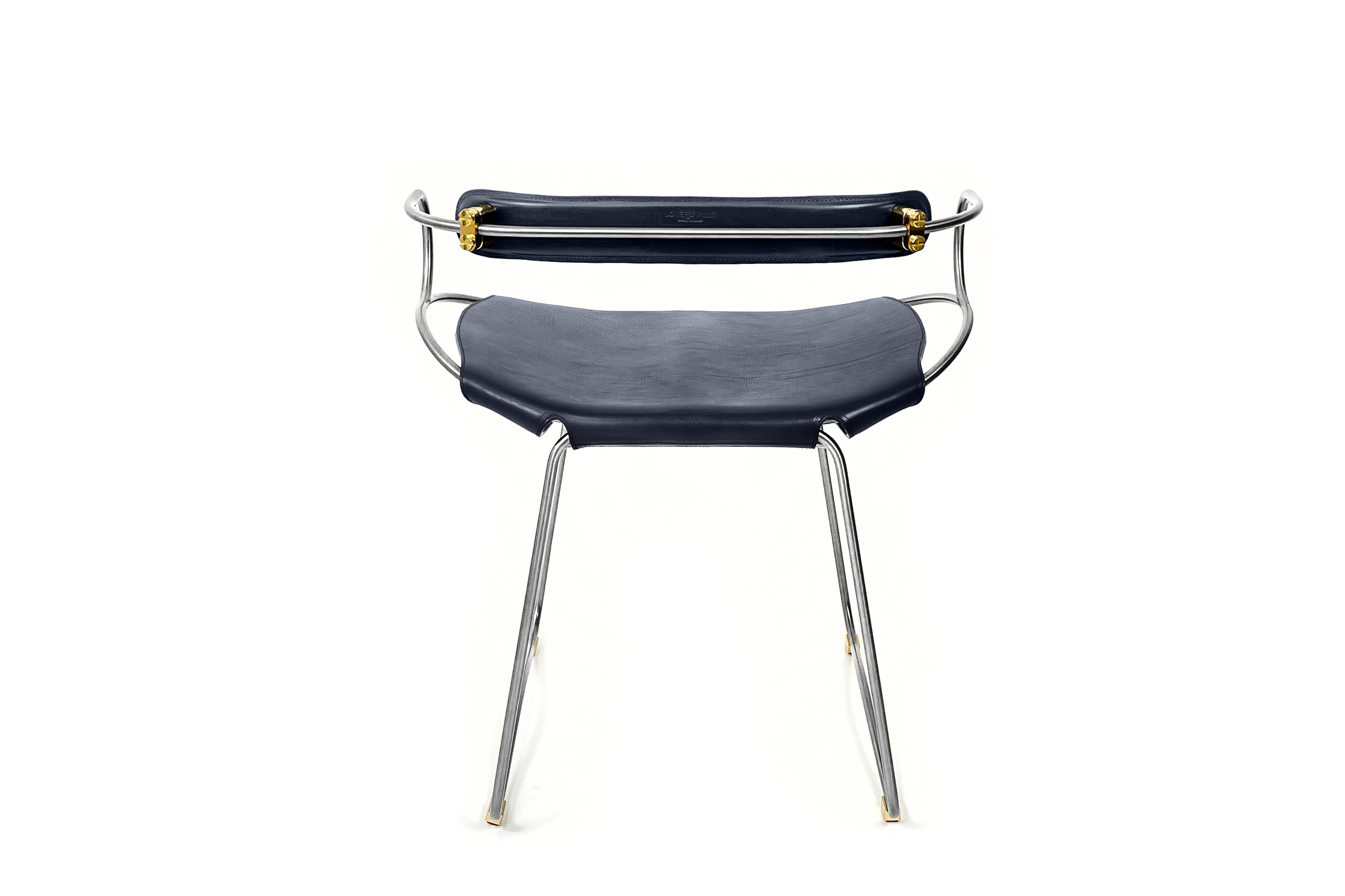 Polished Chair / Table Height Stool w. Backrest Old Silver Steel & Navy Blue Leather For Sale