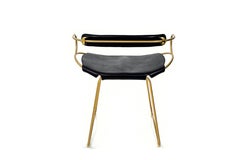 Contemporary Table Bar Stool w Backrest Aged Brass Metal & Black Leather Organic