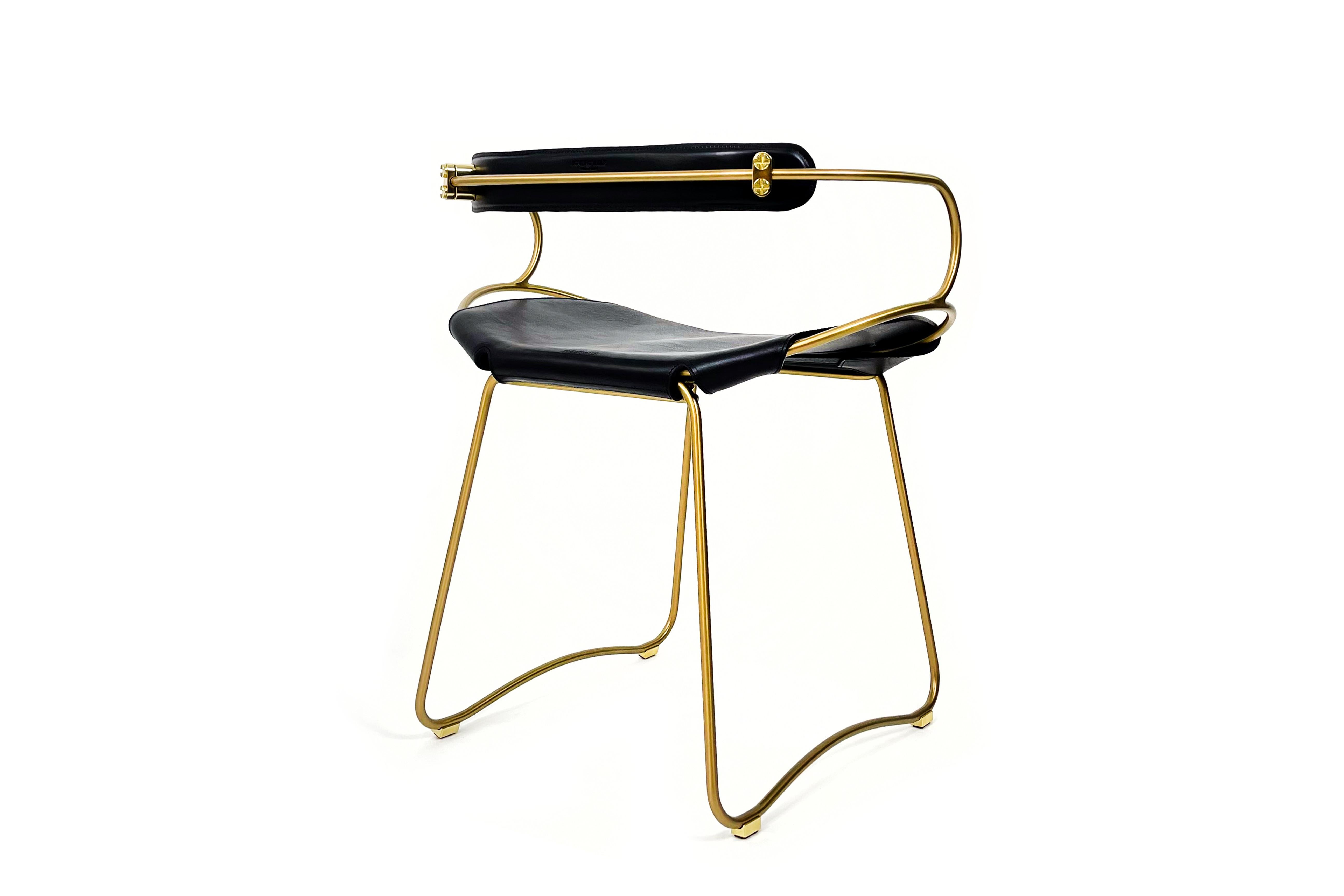 Spanish Contemporary Table Bar Stool w Backrest Aged Brass Metal & Black Leather Organic For Sale