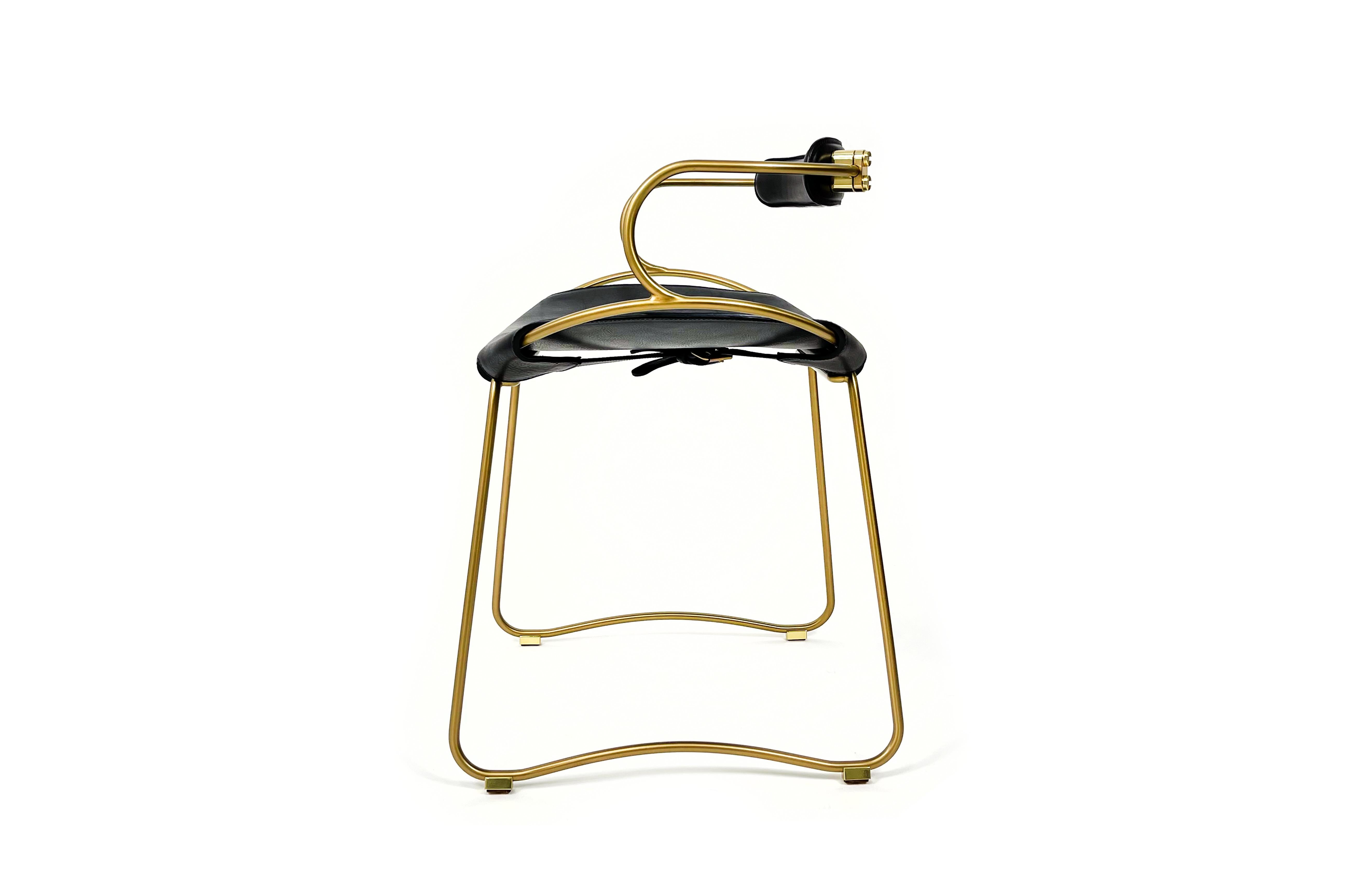 Polished Contemporary Table Bar Stool w Backrest Aged Brass Metal & Black Leather Organic For Sale