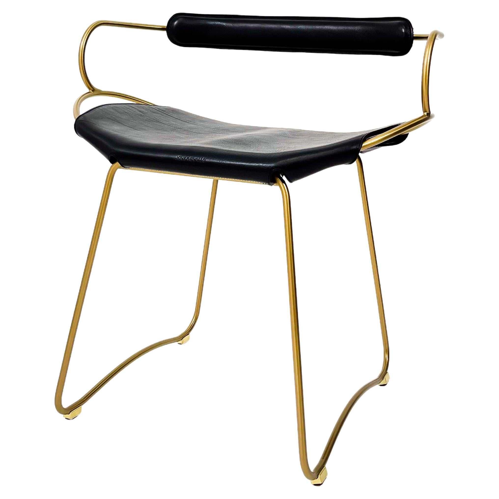 Contemporary Table Bar Stool w Backrest Aged Brass Metal & Black Leather Organic For Sale