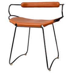 Table Height Contemporary Stool w Backrest Black Metal & Natural Tobacco Leather
