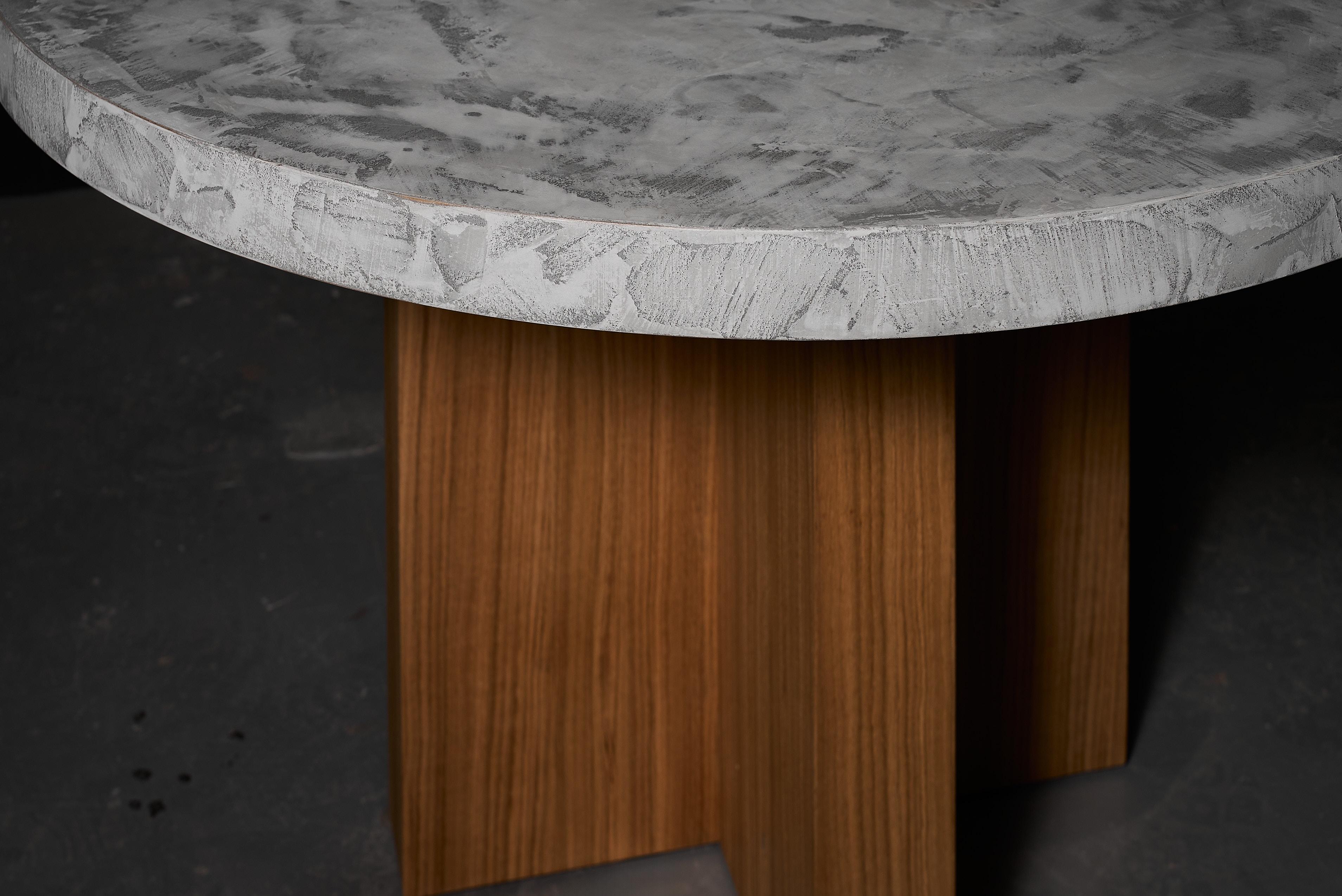 Hand-Carved Table in Beton Brutalist Style in MDF with a Microcement and Oak Veneer, 100cm For Sale