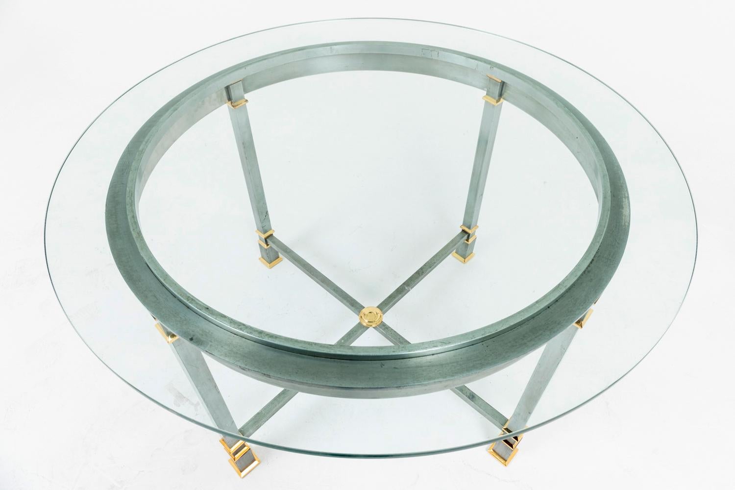 European Table in Brushed and Gilt Metal, Glass Tray, 1970s For Sale
