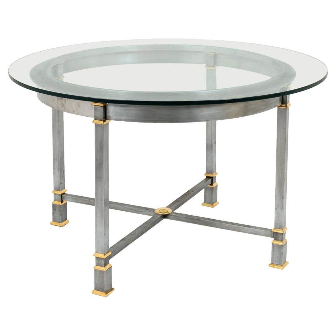 Tisch aus gebürstetem und vergoldetem Metall:: Glastablett:: 1970er Jahre
