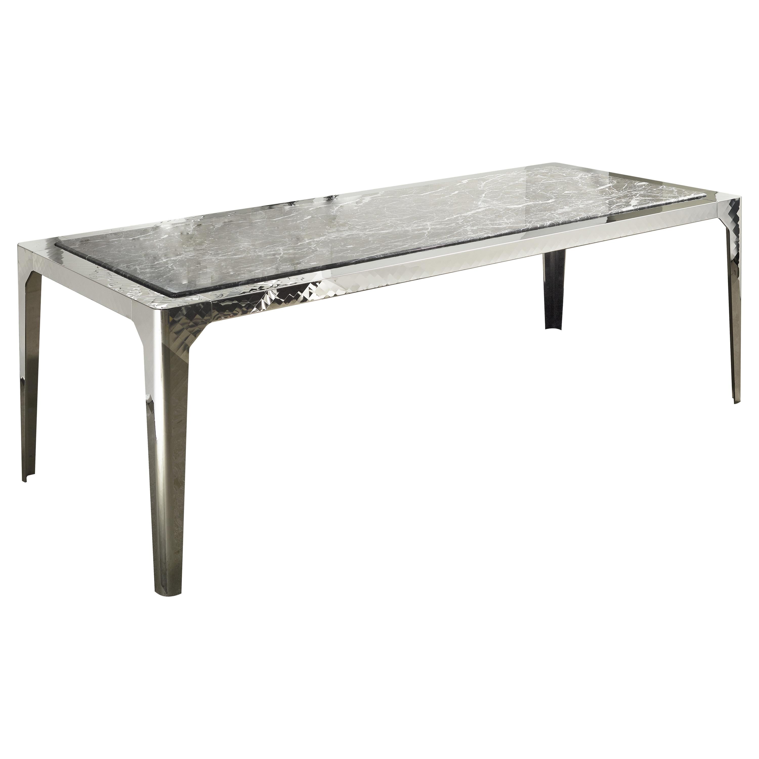Table in Steel metal optical effect and marble top, handmade in Italy  For Sale