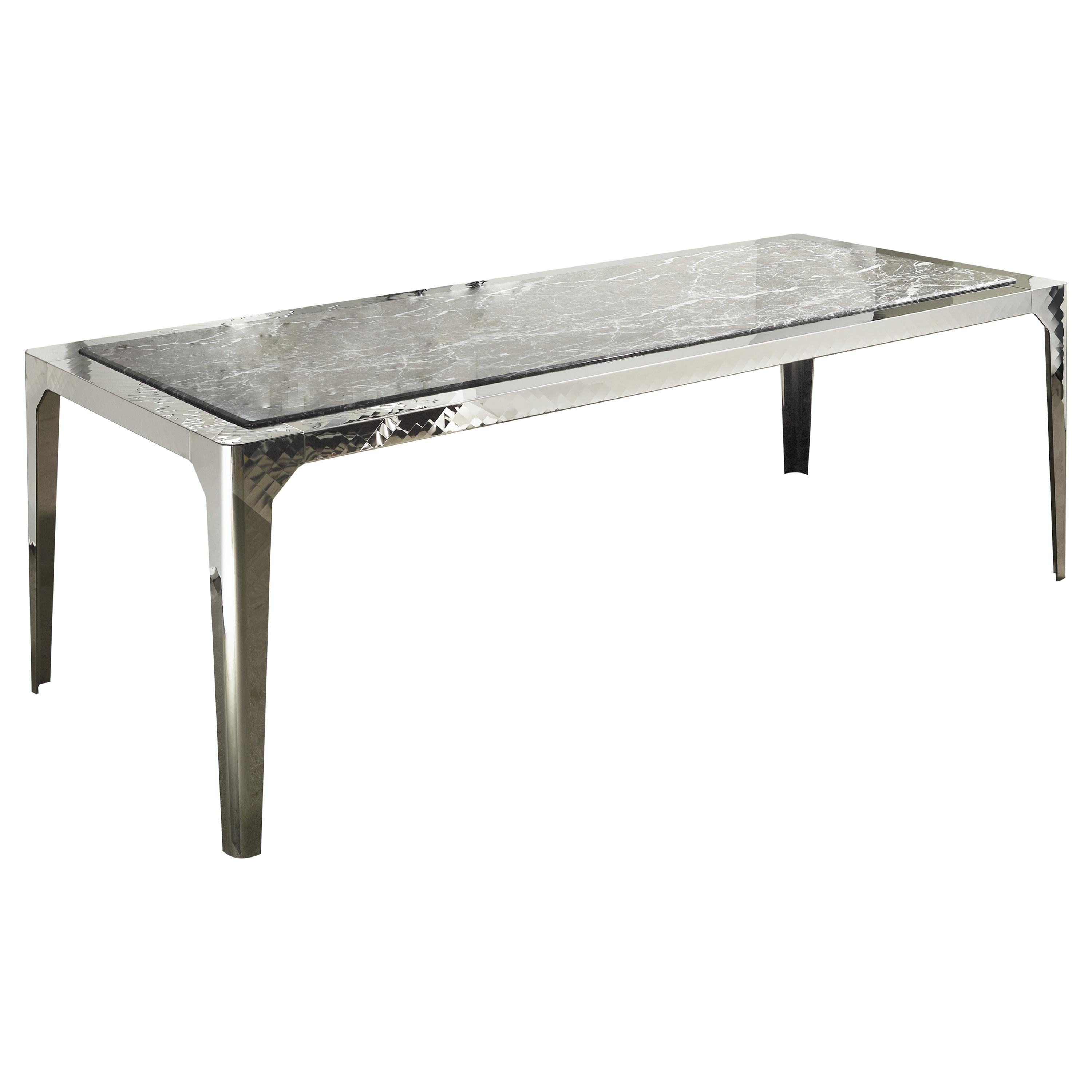 Table in Steel metal optical effect and marble top, handmade in Italy For Sale