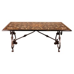 Vintage Table in Marble Marquetry and Wrought Iron Base, Italy