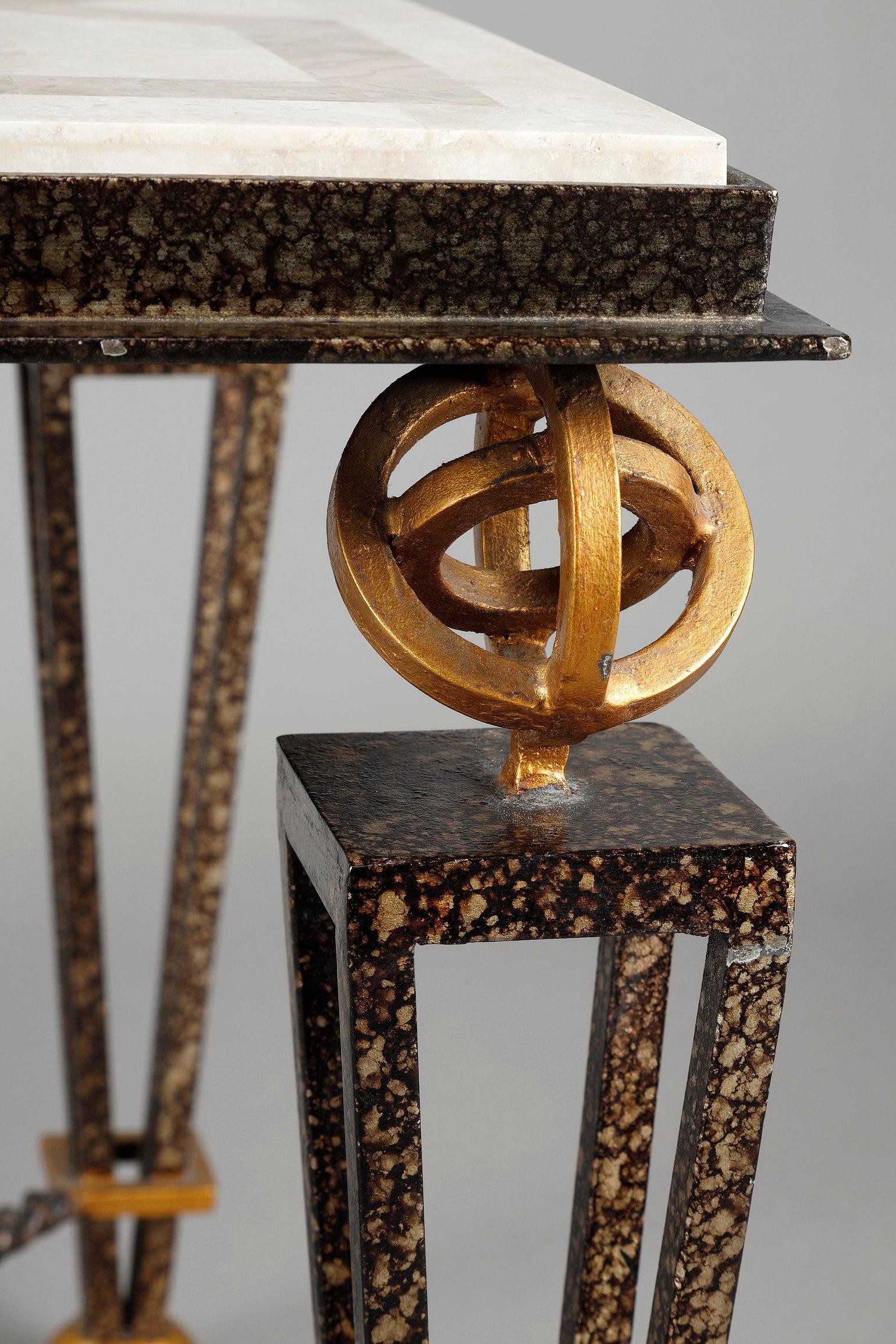 Table in Marquetry of Stone with Metal Feet in the Taste of Gilbert Poillerat 7