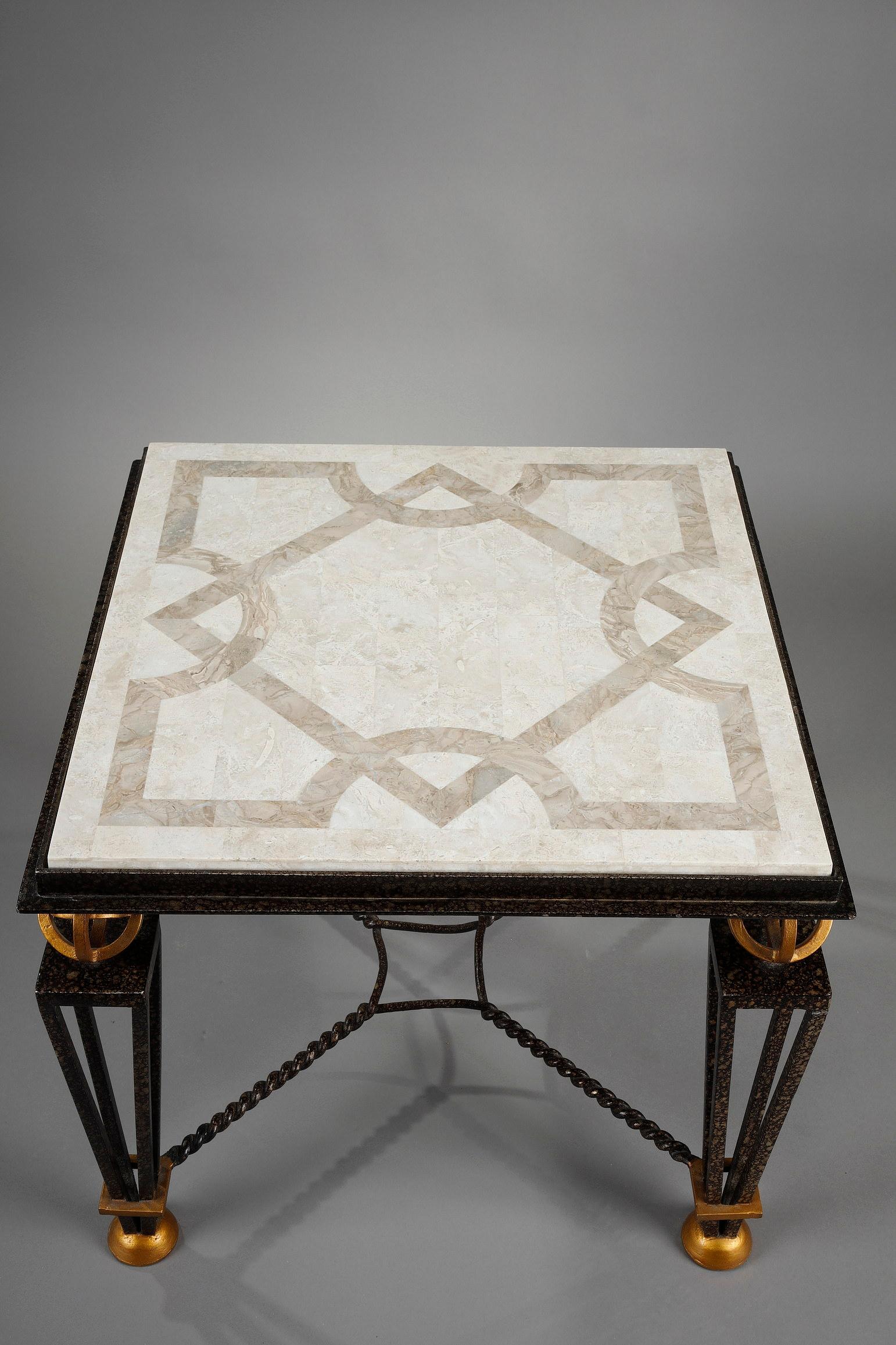 French Table in Marquetry of Stone with Metal Feet in the Taste of Gilbert Poillerat
