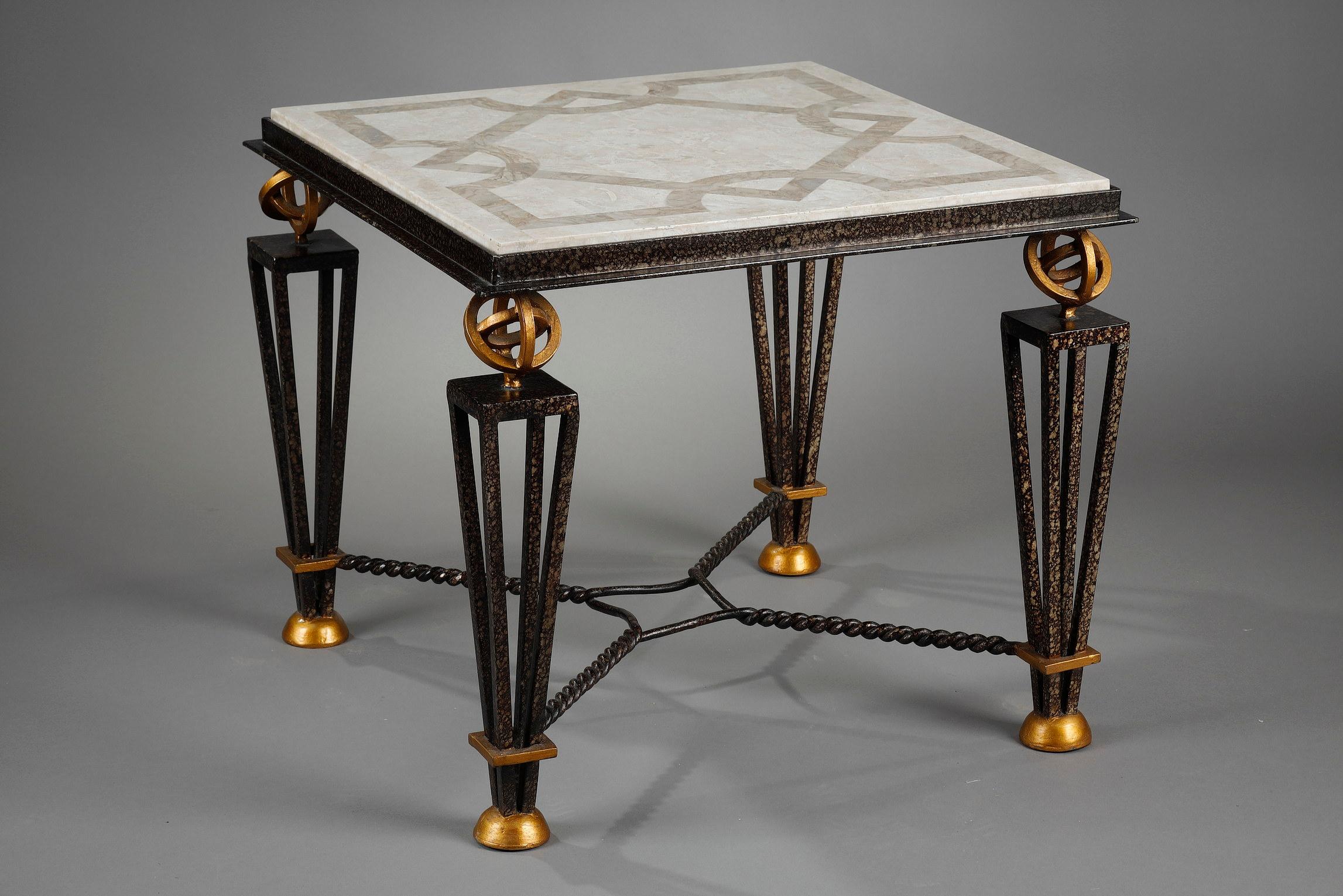 Gilt Table in Marquetry of Stone with Metal Feet in the Taste of Gilbert Poillerat