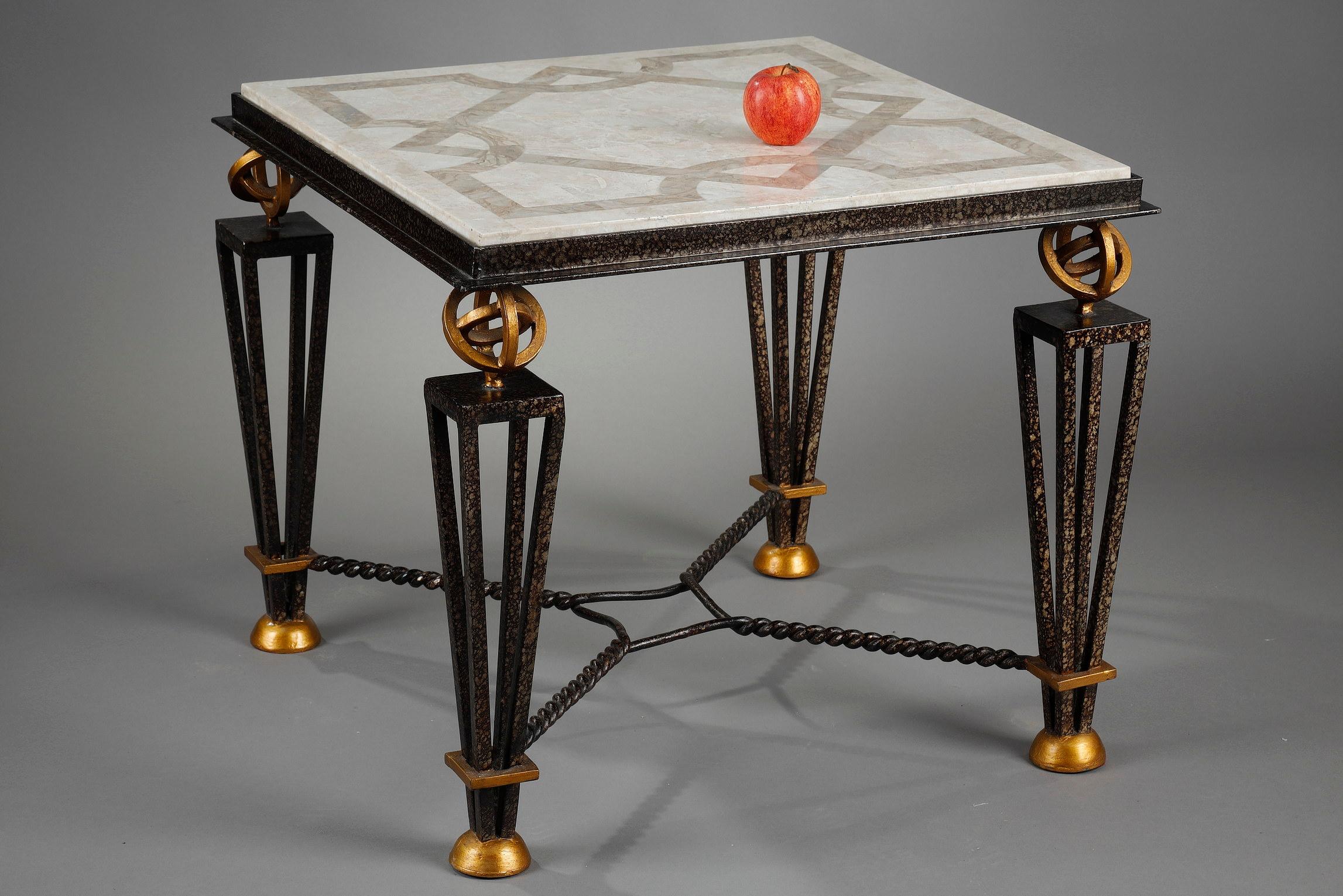 Table in Marquetry of Stone with Metal Feet in the Taste of Gilbert Poillerat In Good Condition In Paris, FR